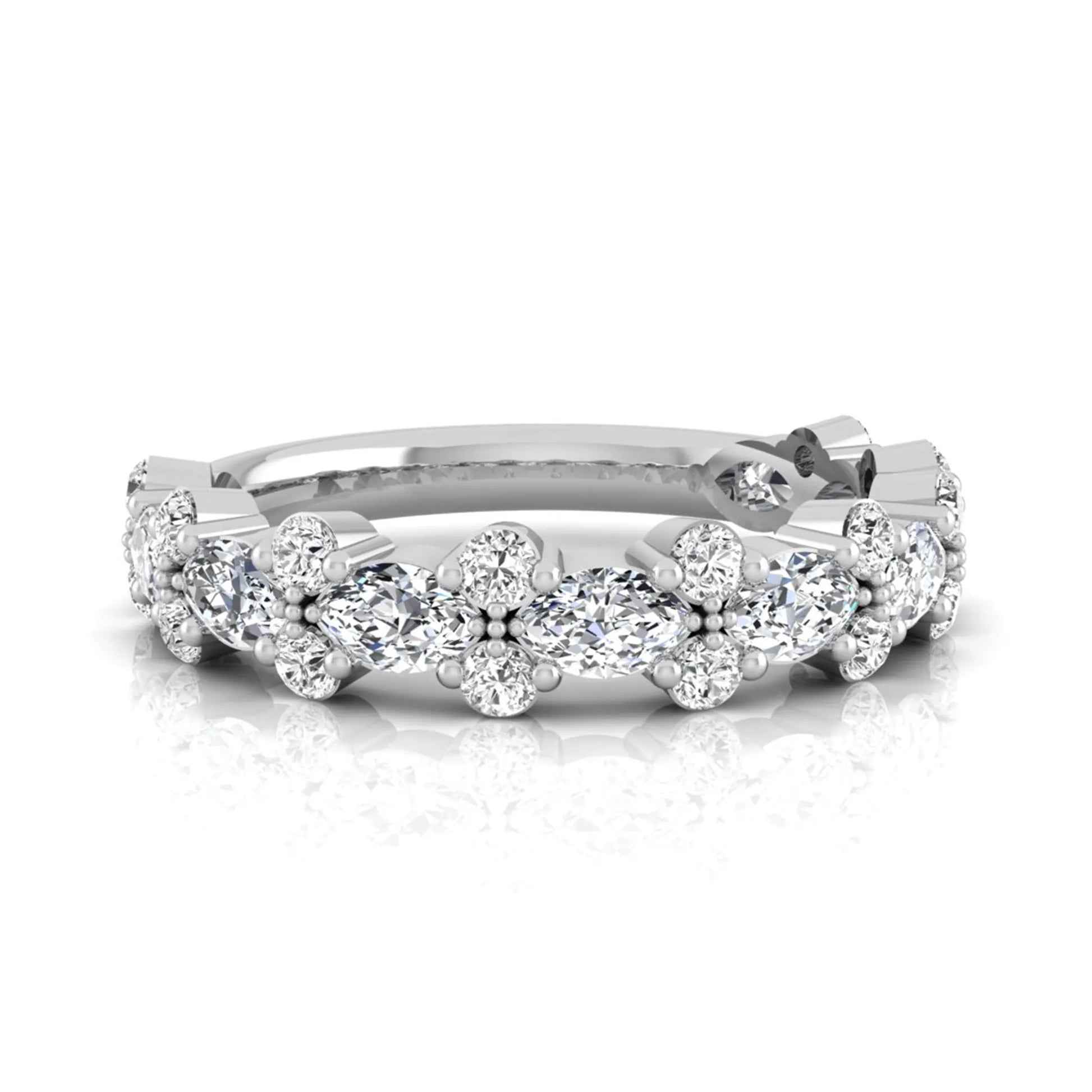 Marquise and round cut lab grown diamond floral eternity ring featuring alternating diamond clusters in a white gold design