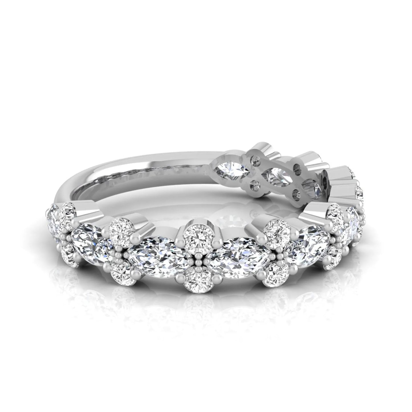 Marquise and round cut lab grown diamond floral eternity ring featuring alternating diamond clusters in a white gold design