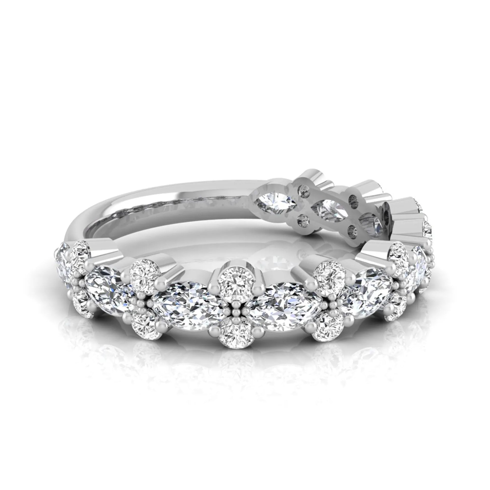 Marquise and round cut lab grown diamond floral eternity ring featuring alternating diamond clusters in a white gold design