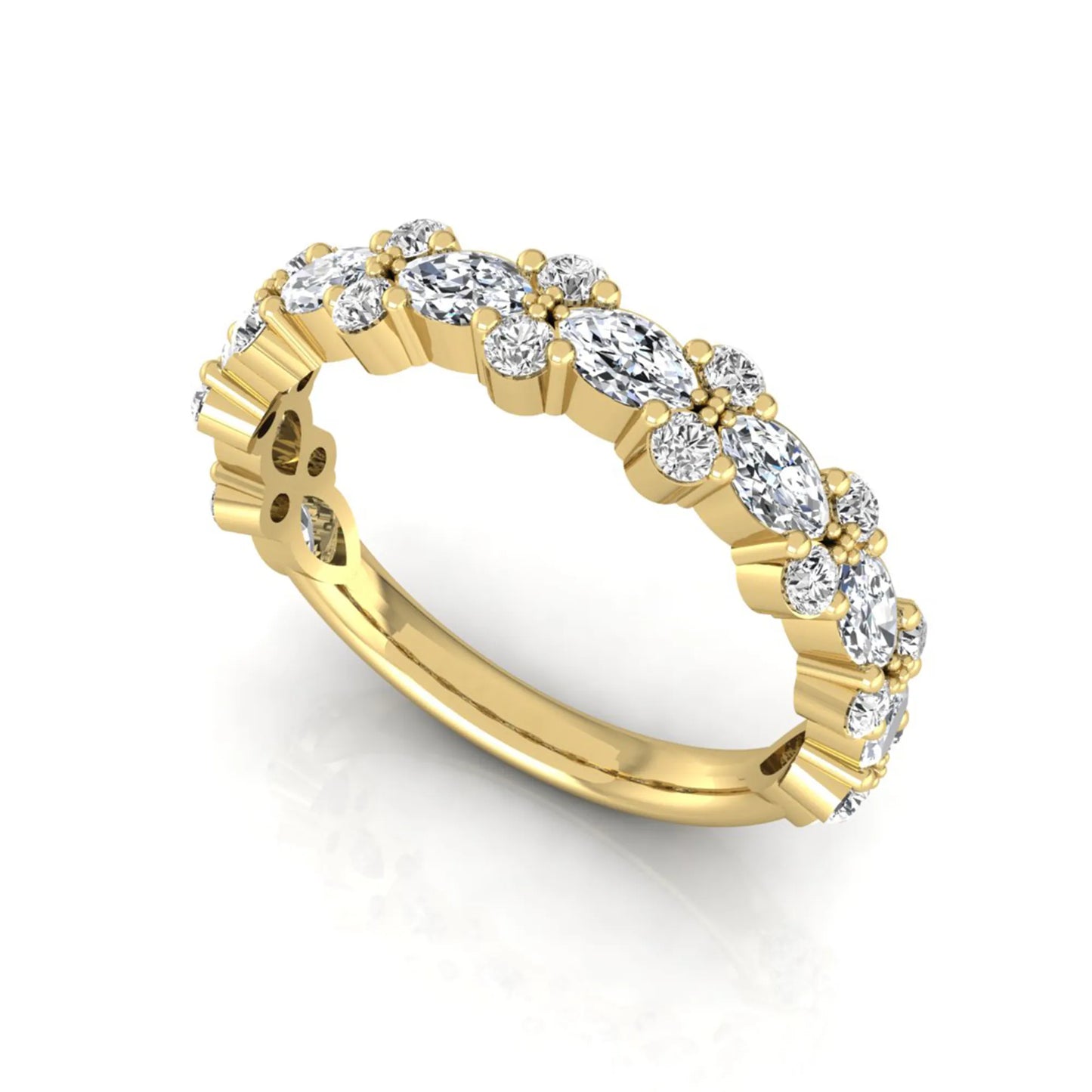 Marquise and round cut lab grown diamond floral eternity ring featuring alternating diamond clusters in a yellow gold design