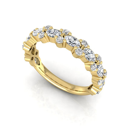 Marquise and round cut lab grown diamond floral eternity ring featuring alternating diamond clusters in a yellow gold design