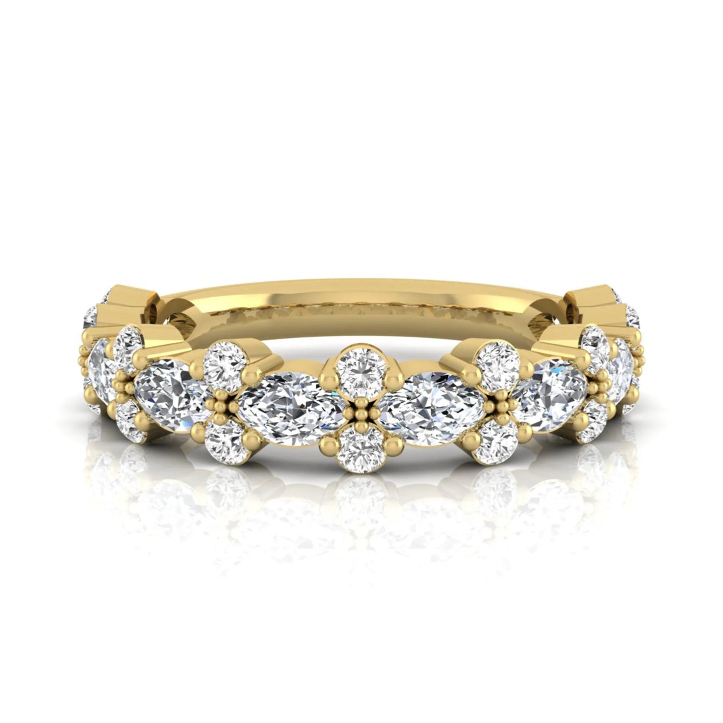 Marquise and round cut lab grown diamond floral eternity ring featuring alternating diamond clusters in a yellow gold design
