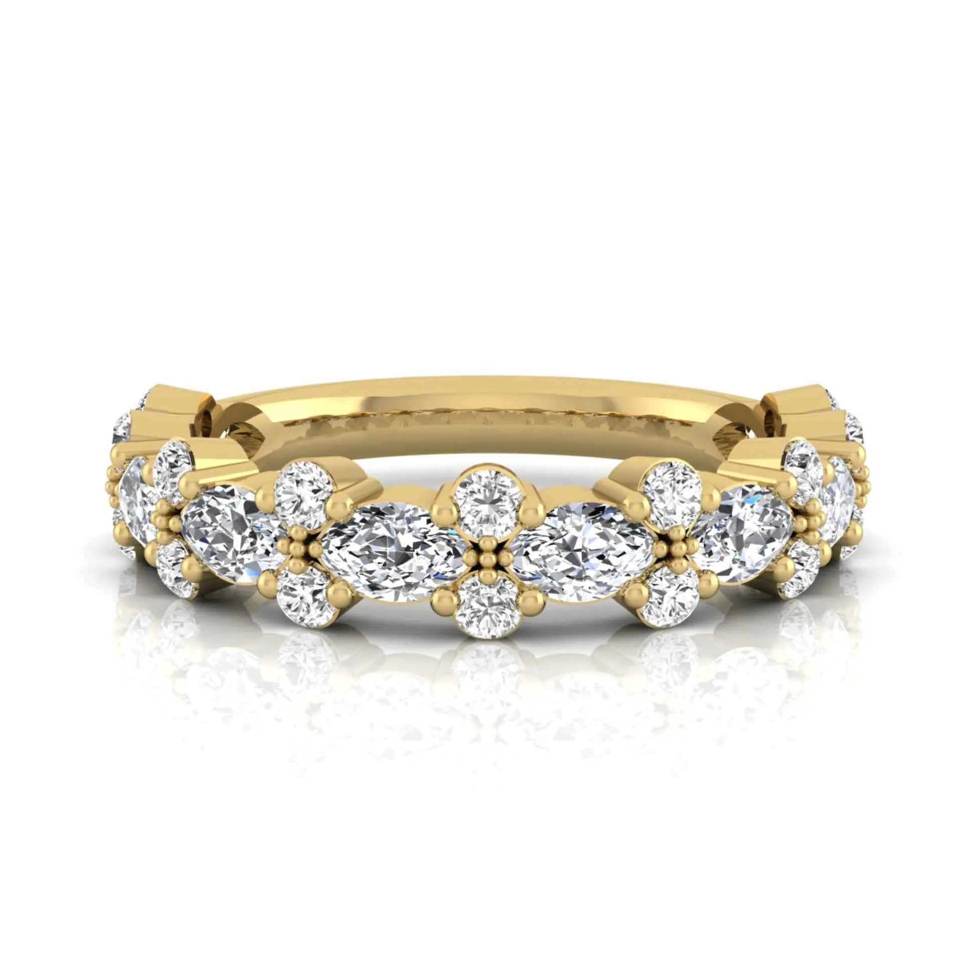 Marquise and round cut lab grown diamond floral eternity ring featuring alternating diamond clusters in a yellow gold design
