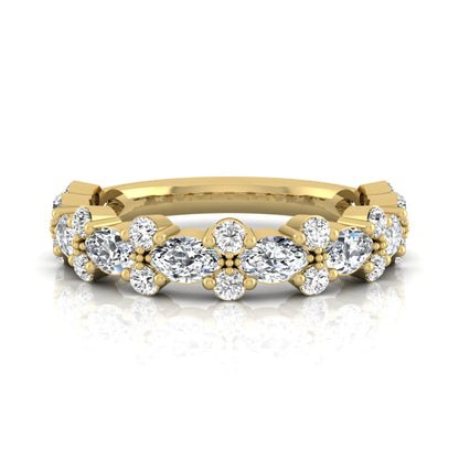 Marquise and round cut lab grown diamond floral eternity ring featuring alternating diamond clusters in a yellow gold design