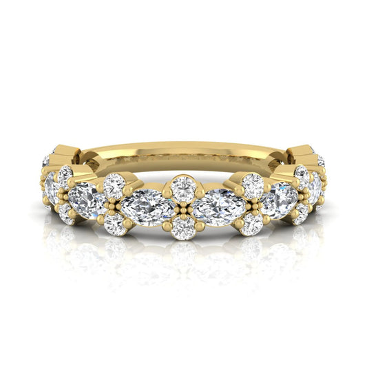 Marquise and round cut lab grown diamond floral eternity ring featuring alternating diamond clusters in a yellow gold design
