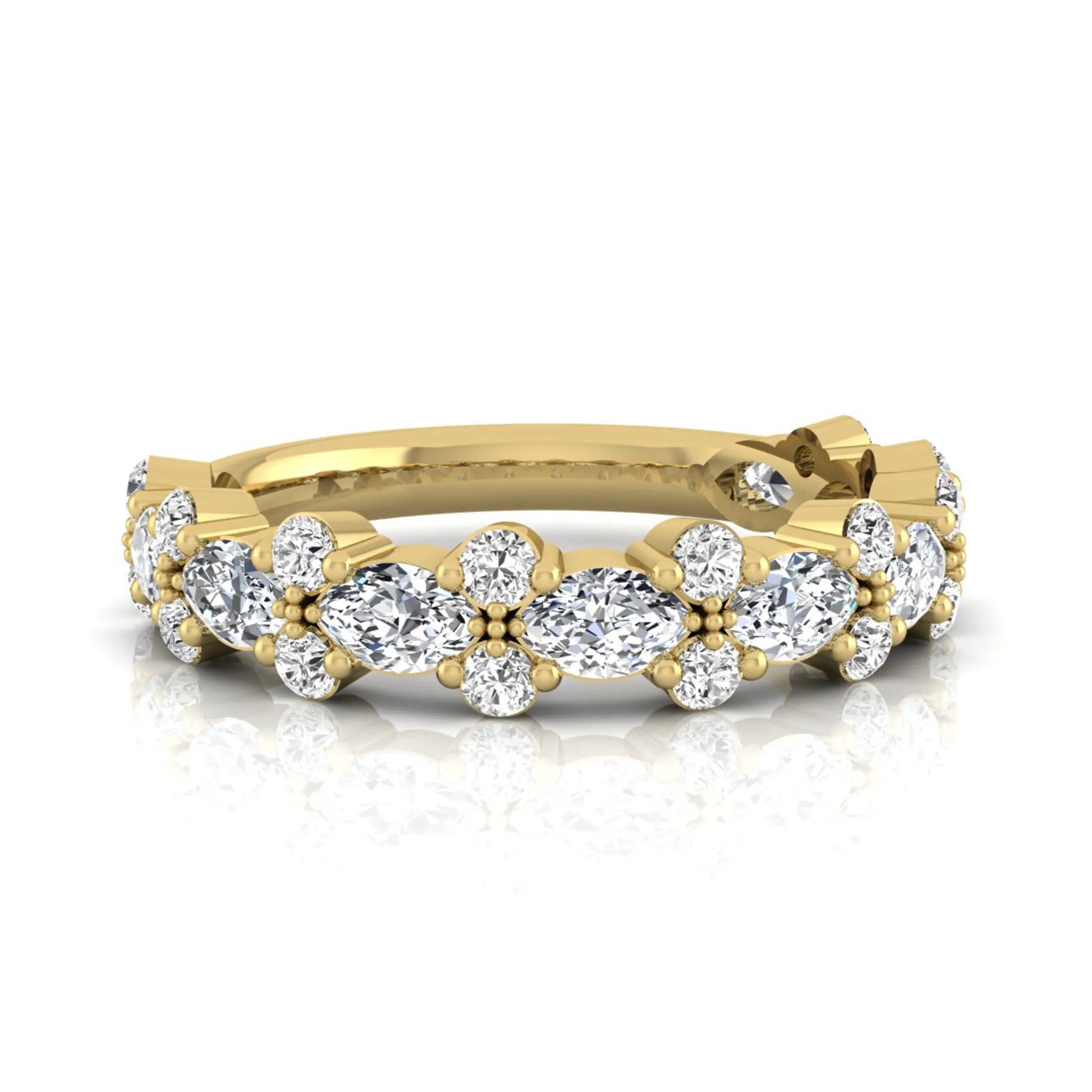 Marquise and round cut lab grown diamond floral eternity ring featuring alternating diamond clusters in a yellow gold design
