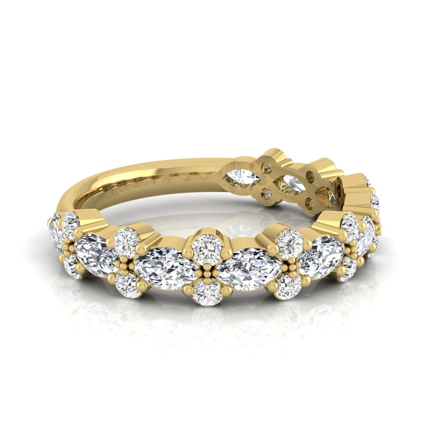 Marquise and round cut lab grown diamond floral eternity ring featuring alternating diamond clusters in a yellow gold design