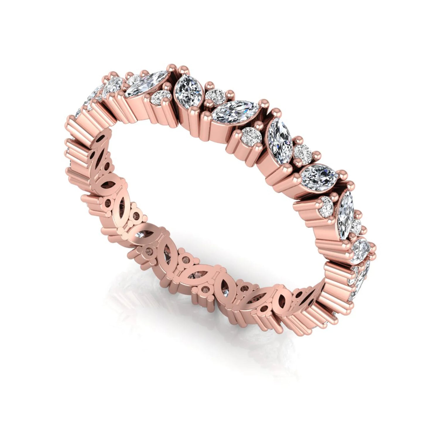 Marquise and round lab grown diamond eternity ring featuring alternating diamonds in a shared prong setting with a timeless full eternity design in rose gold