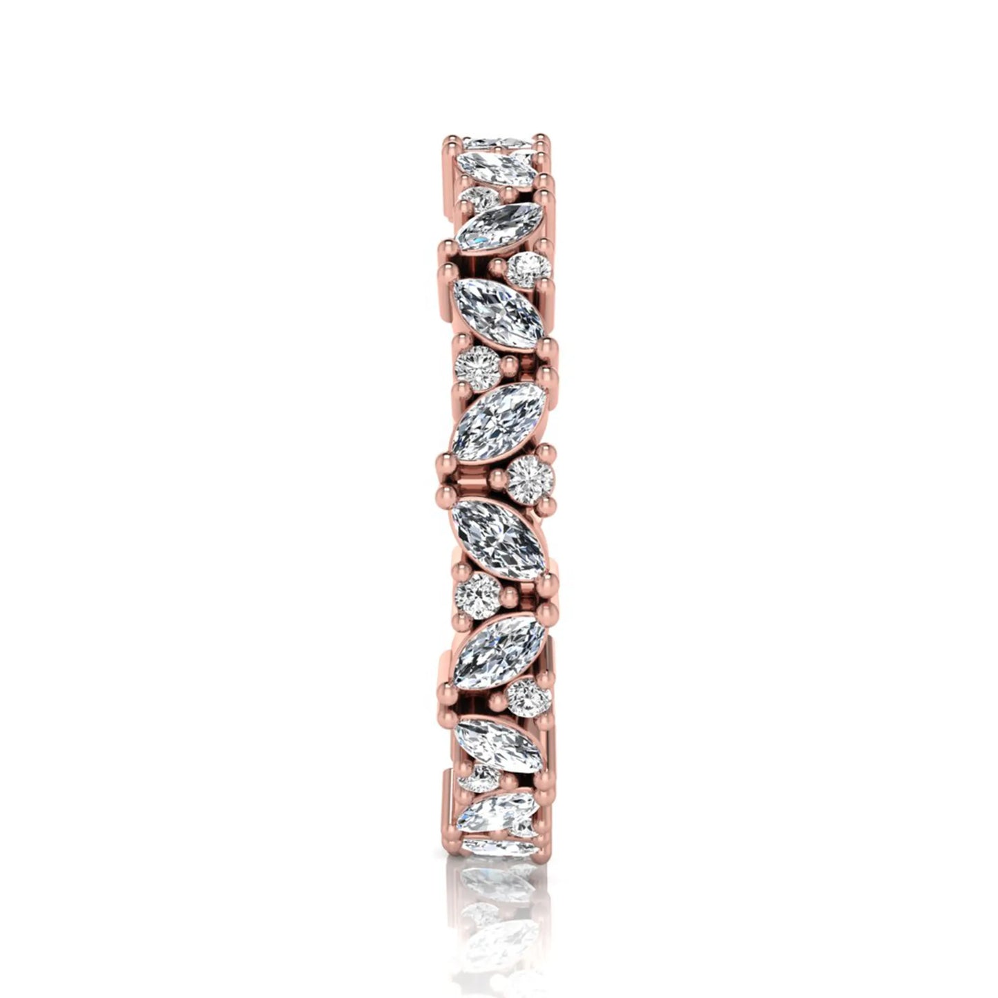 Marquise and round lab grown diamond eternity ring featuring alternating diamonds in a shared prong setting with a timeless full eternity design in rose gold