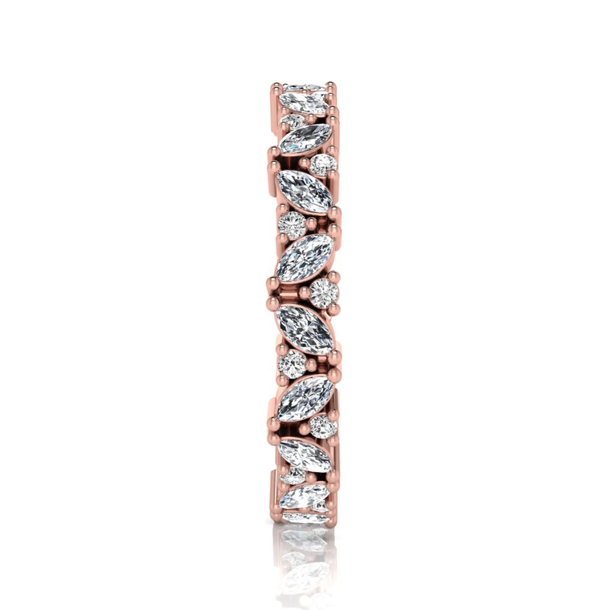 Marquise and round lab grown diamond eternity ring featuring alternating diamonds in a shared prong setting with a timeless full eternity design in rose gold