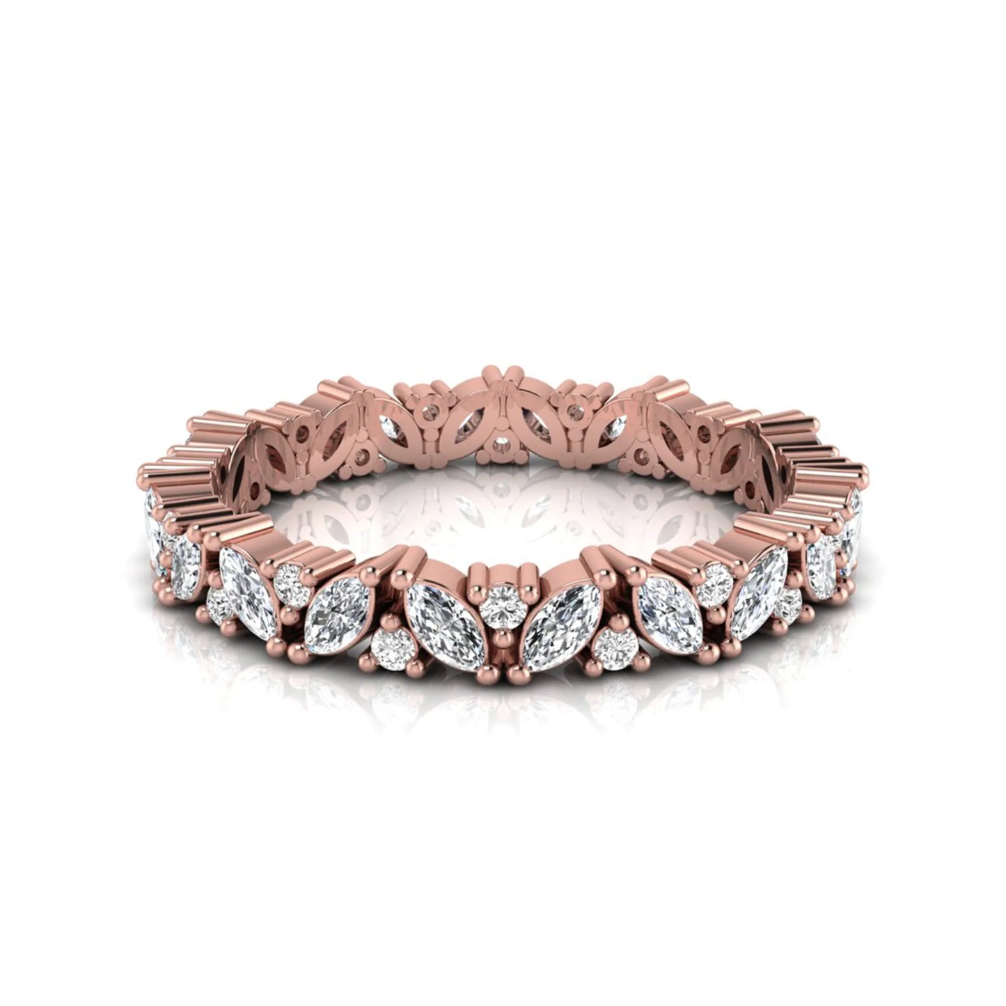 Marquise and round lab grown diamond eternity ring featuring alternating diamonds in a shared prong setting with a timeless full eternity design in rose gold