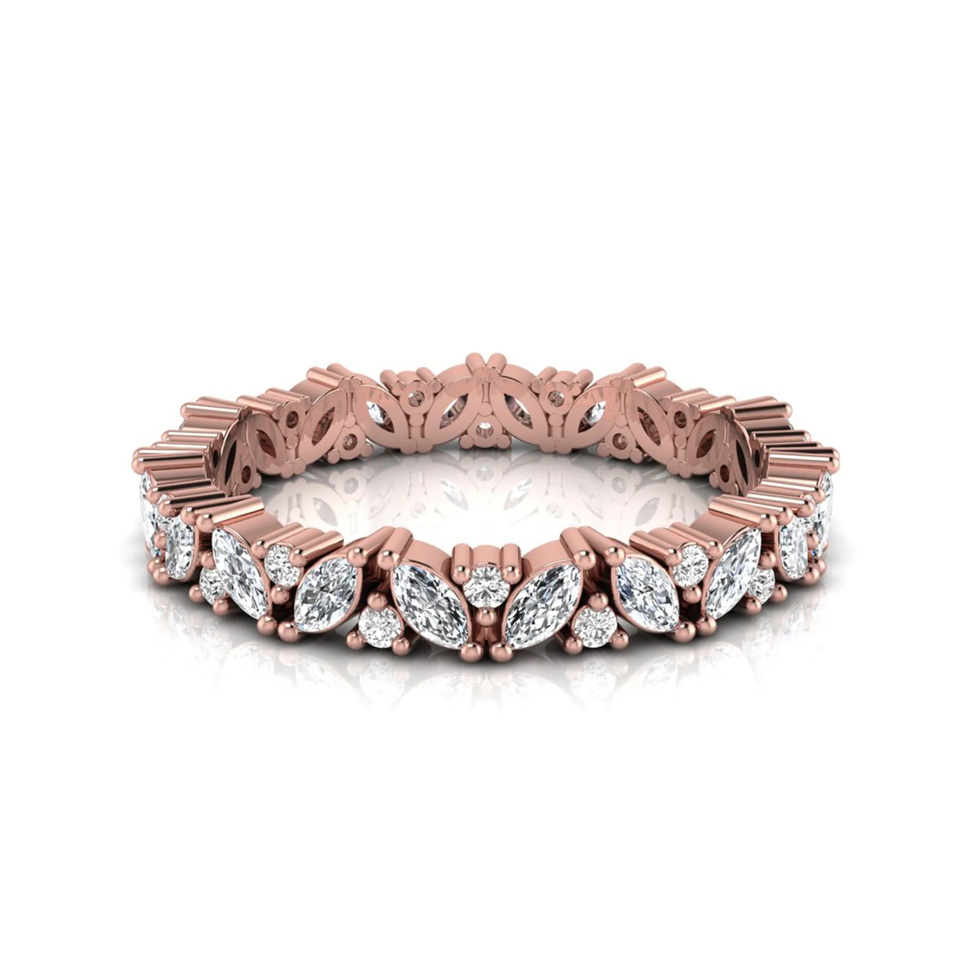 Marquise and round lab grown diamond eternity ring featuring alternating diamonds in a shared prong setting with a timeless full eternity design in rose gold