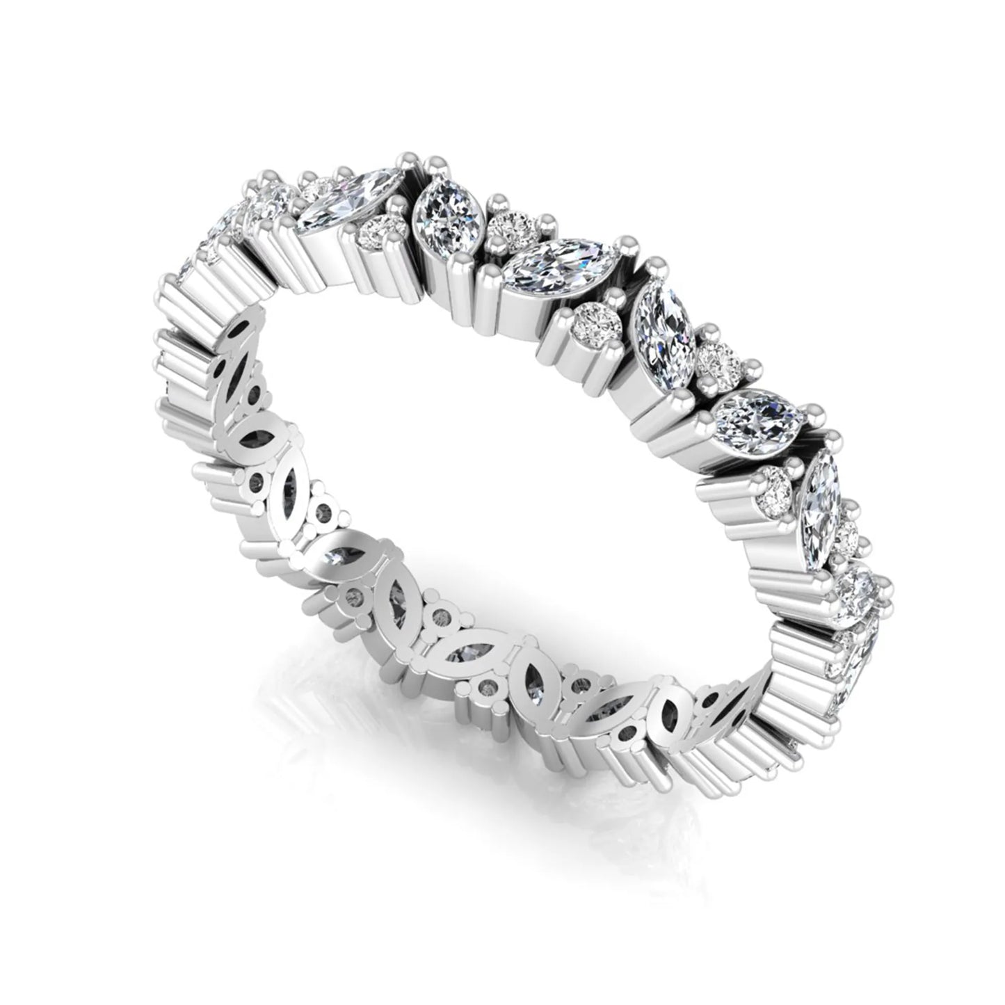 Marquise and round lab grown diamond eternity ring featuring alternating diamonds in a shared prong setting with a timeless full eternity design in white gold
