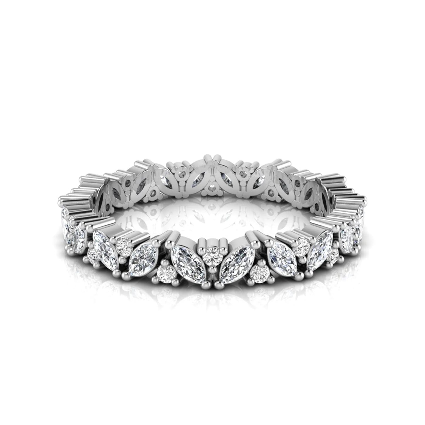 Marquise and round lab grown diamond eternity ring featuring alternating diamonds in a shared prong setting with a timeless full eternity design in white gold