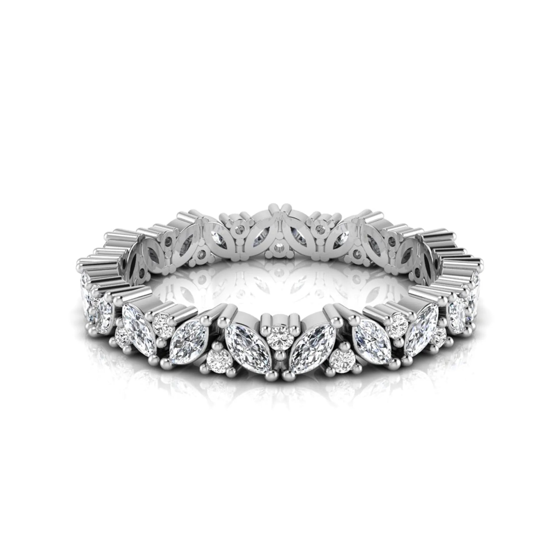 Marquise and round lab grown diamond eternity ring featuring alternating diamonds in a shared prong setting with a timeless full eternity design in white gold