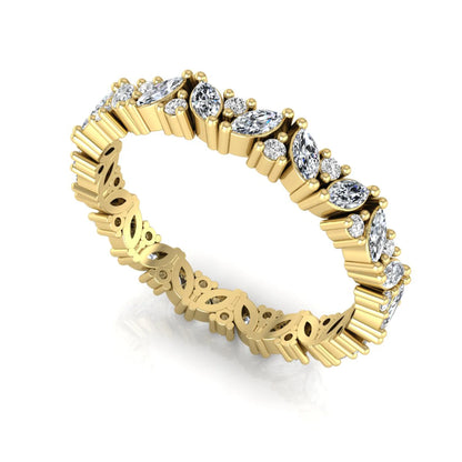 Marquise and round lab grown diamond eternity ring featuring alternating diamonds in a shared prong setting with a timeless full eternity design in yellow gold