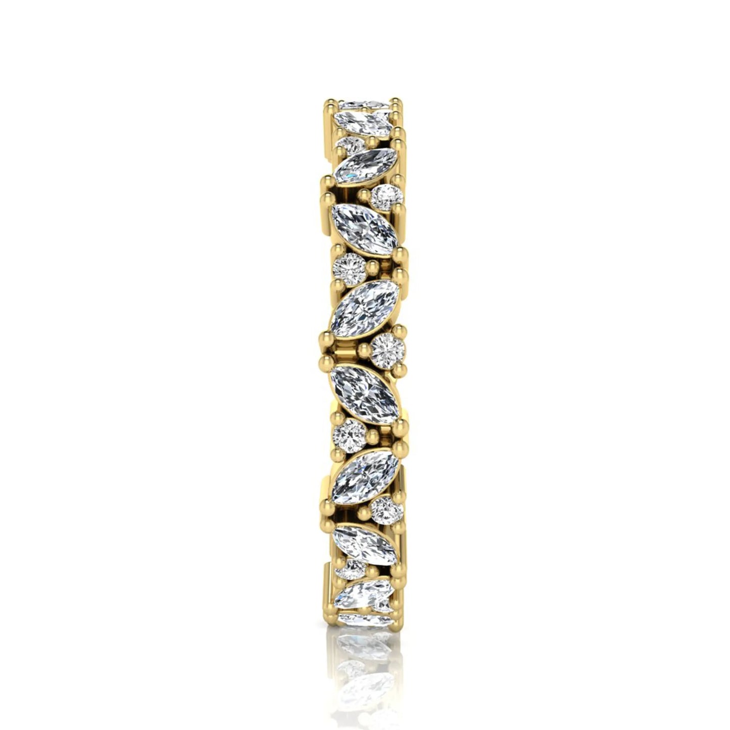 Marquise and round lab grown diamond eternity ring featuring alternating diamonds in a shared prong setting with a timeless full eternity design in yellow gold