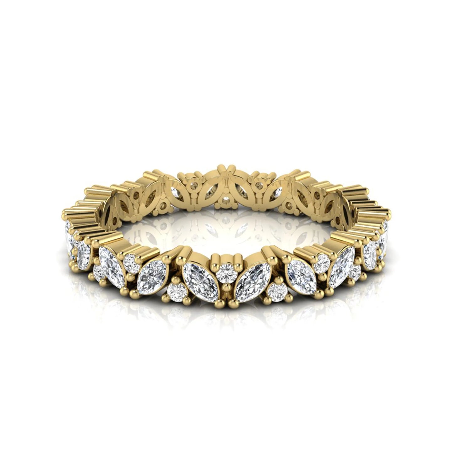 Marquise and round lab grown diamond eternity ring featuring alternating diamonds in a shared prong setting with a timeless full eternity design in yellow gold