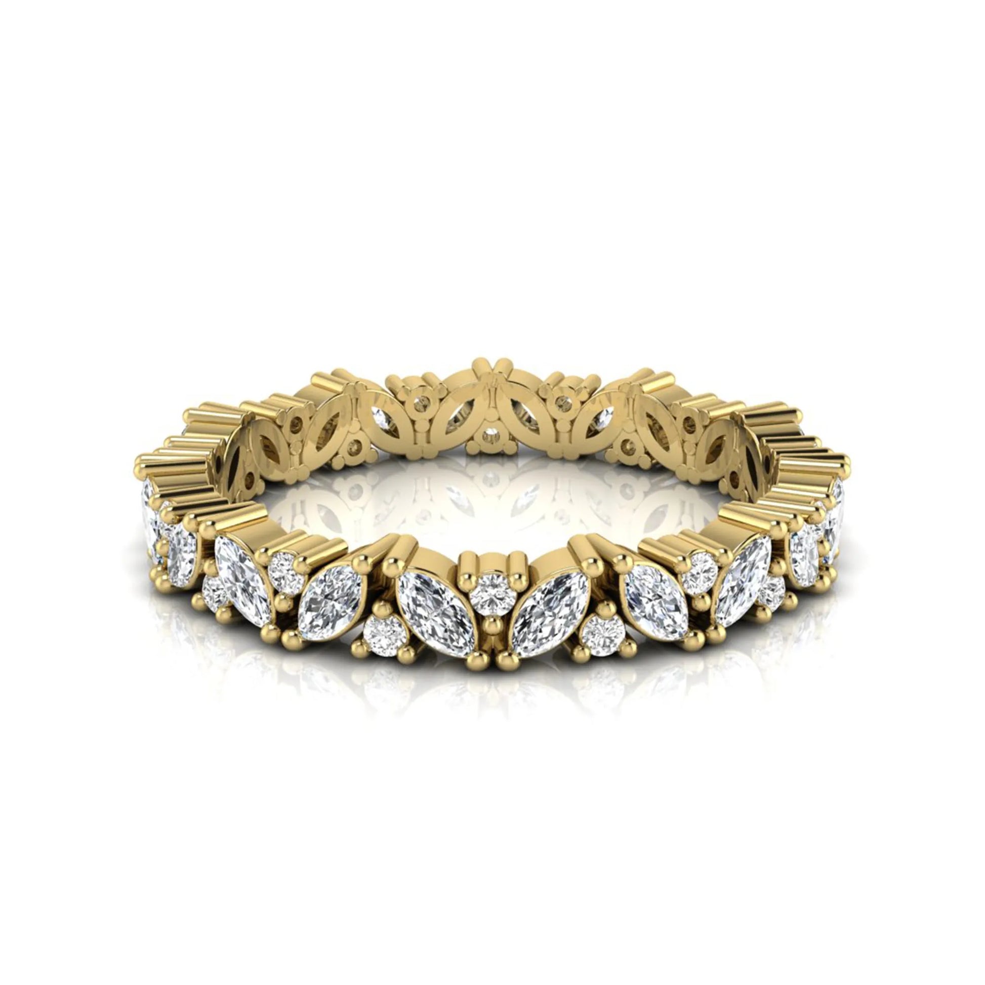 Marquise and round lab grown diamond eternity ring featuring alternating diamonds in a shared prong setting with a timeless full eternity design in yellow gold