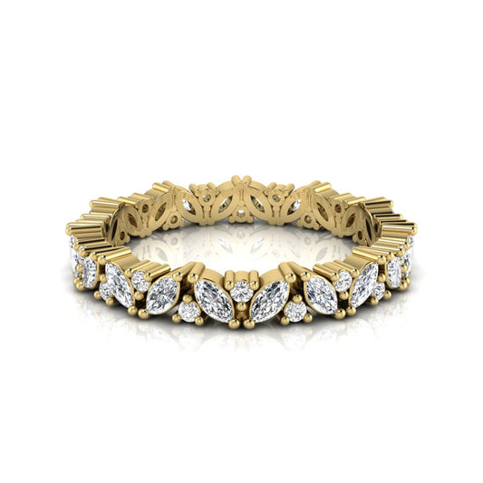 Marquise and round lab grown diamond eternity ring featuring alternating diamonds in a shared prong setting with a timeless full eternity design in yellow gold
