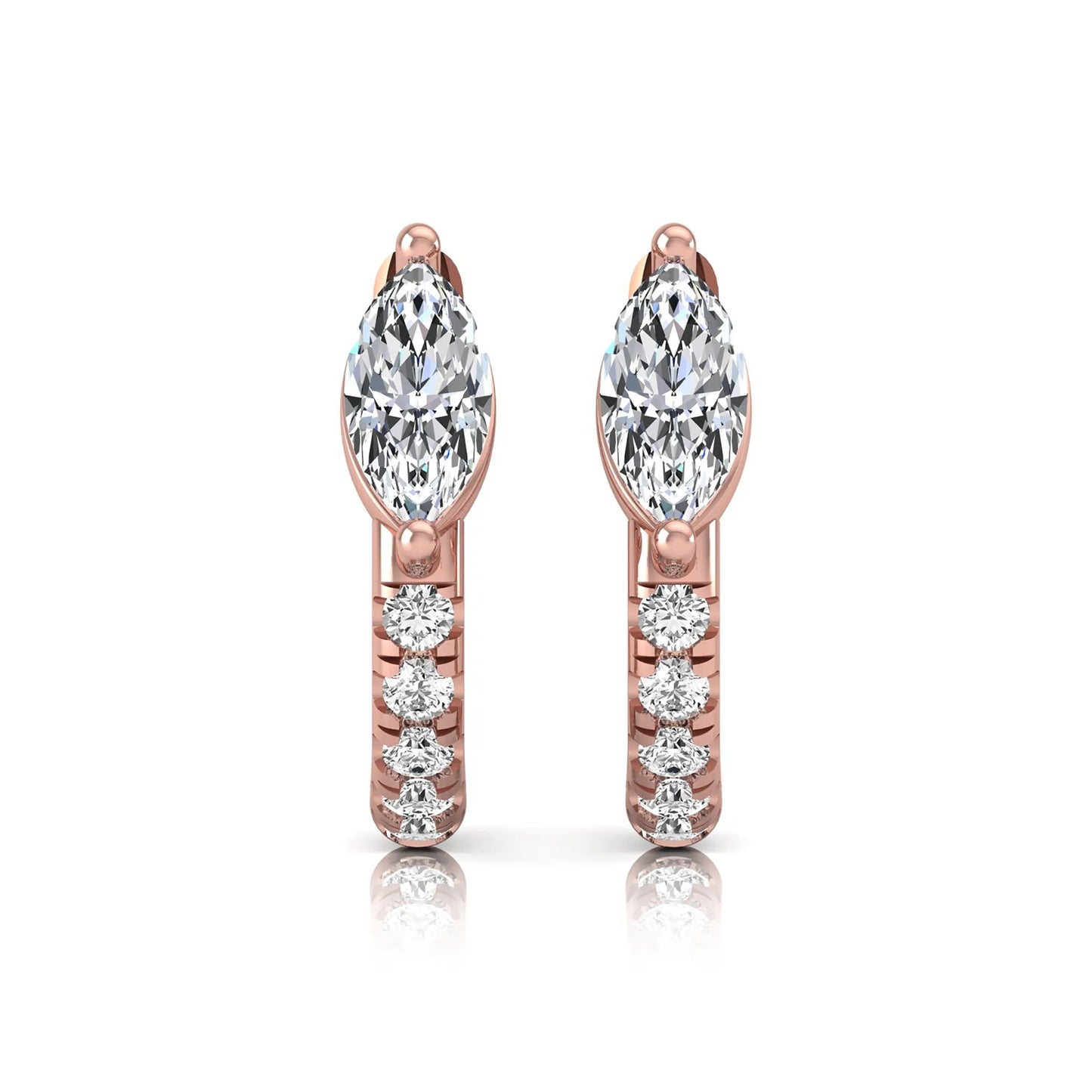 Marquise and round lab grown diamond pavé huggie hoop earrings featuring a vertical two prong marquise center diamond with graduated round pavé diamond accents in rose gold.
