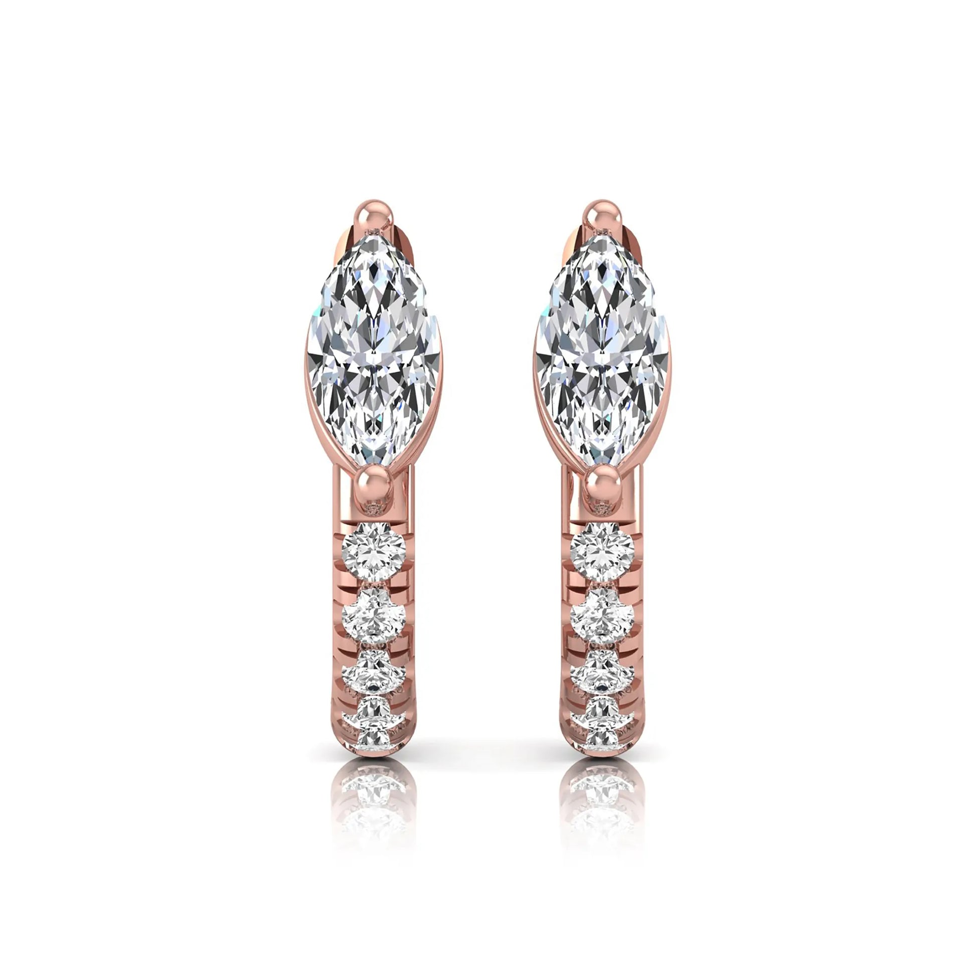 Marquise and round lab grown diamond pavé huggie hoop earrings featuring a vertical two prong marquise center diamond with graduated round pavé diamond accents in rose gold.