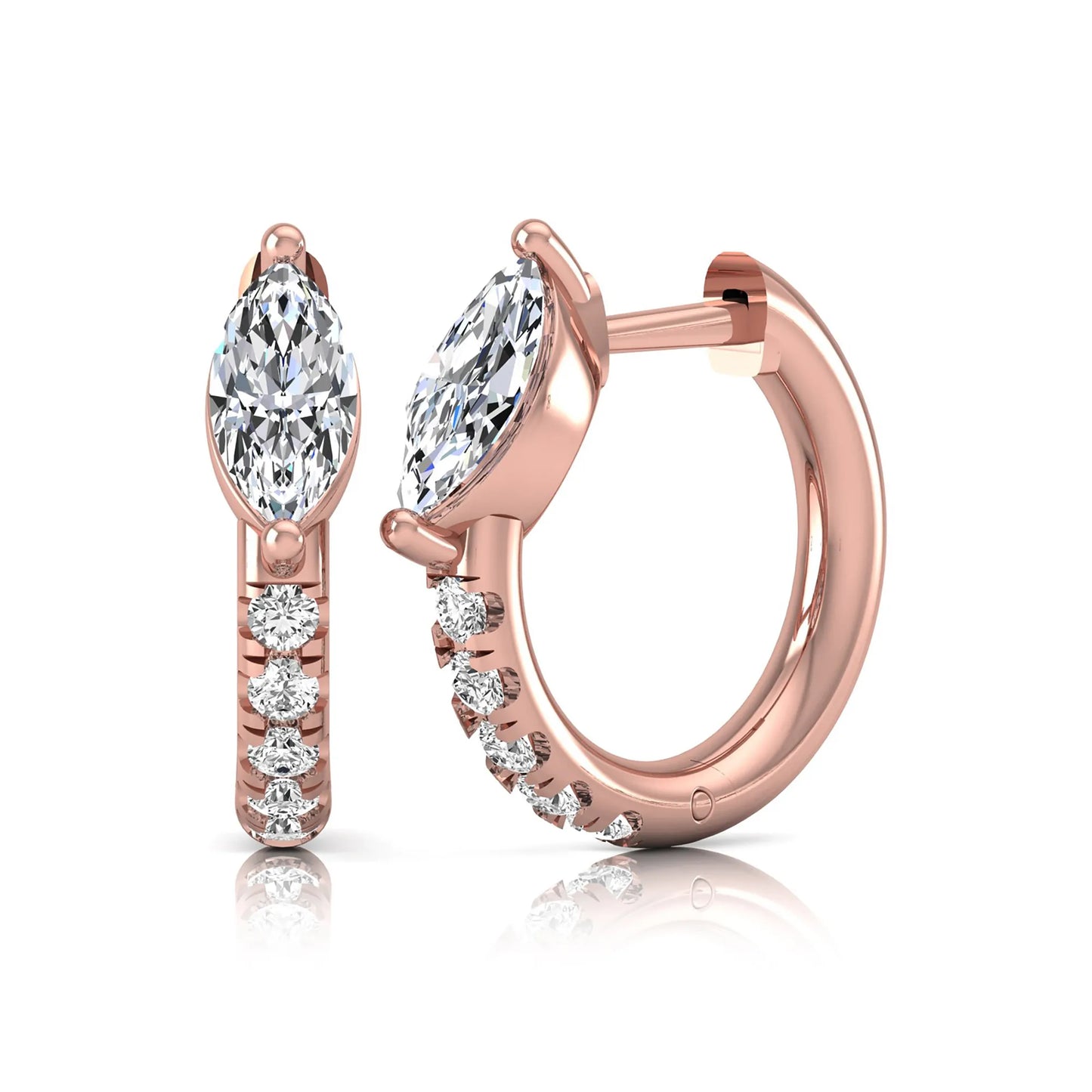 Marquise and round lab grown diamond pavé huggie hoop earrings featuring a vertical two prong marquise center diamond with graduated round pavé diamond accents in rose gold.