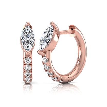 Marquise and round lab grown diamond pavé huggie hoop earrings featuring a vertical two prong marquise center diamond with graduated round pavé diamond accents in rose gold.