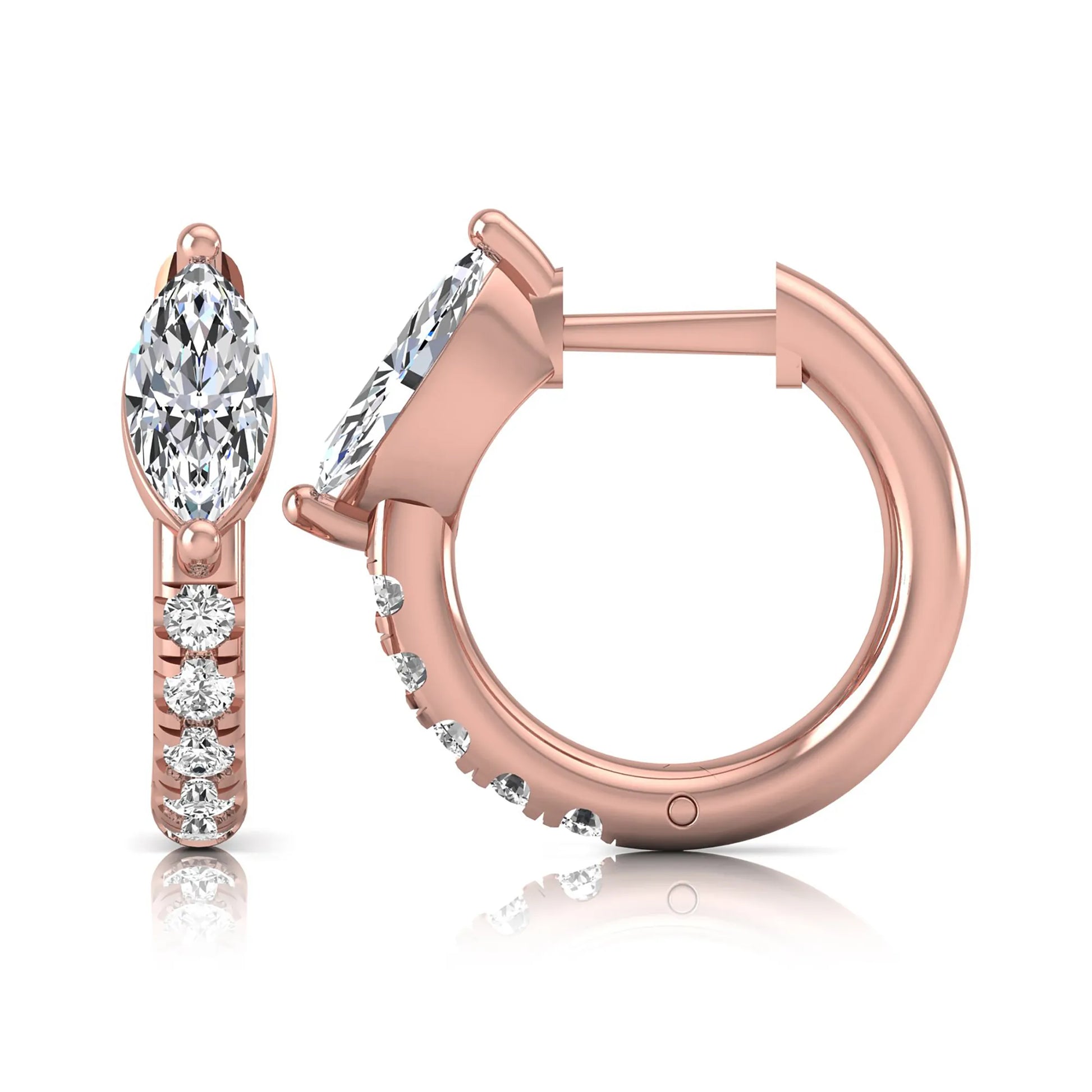 Marquise and round lab grown diamond pavé huggie hoop earrings featuring a vertical two prong marquise center diamond with graduated round pavé diamond accents in rose gold.