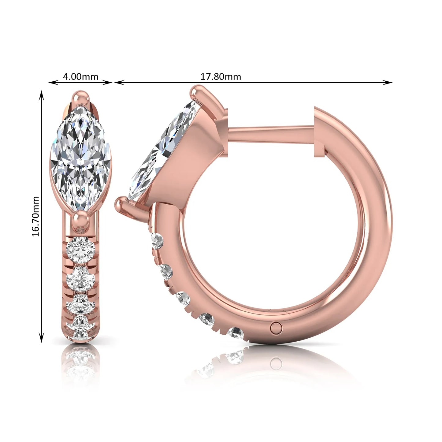 Marquise and round lab grown diamond pavé huggie hoop earrings featuring a vertical two prong marquise center diamond with graduated round pavé diamond accents in rose gold.