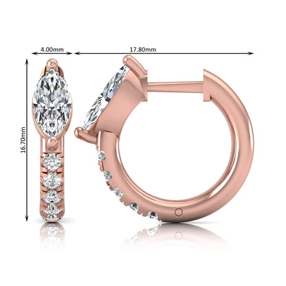 Marquise and round lab grown diamond pavé huggie hoop earrings featuring a vertical two prong marquise center diamond with graduated round pavé diamond accents in rose gold.