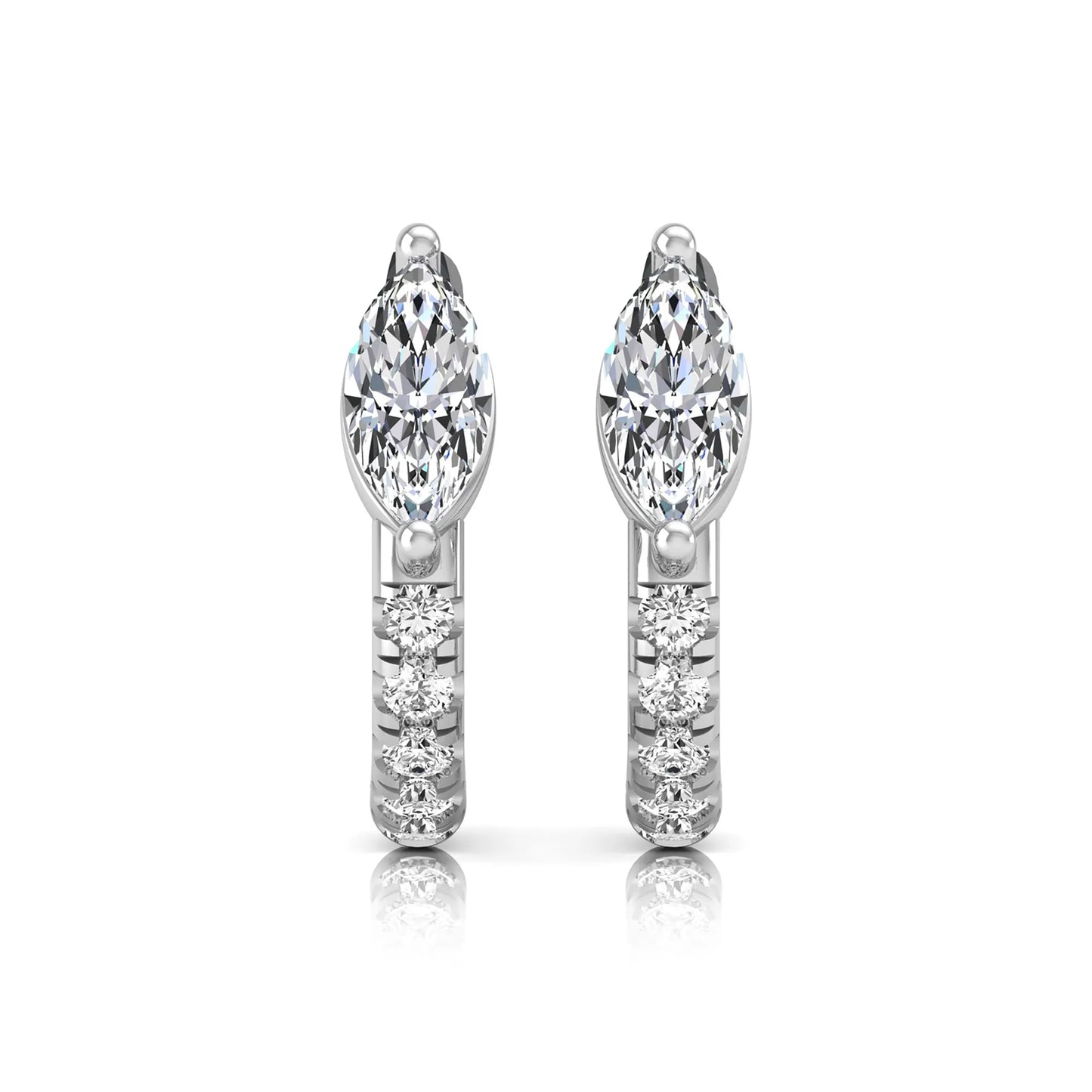 Marquise and round lab grown diamond pavé huggie hoop earrings featuring a vertical two prong marquise center diamond with graduated round pavé diamond accents in white gold.
