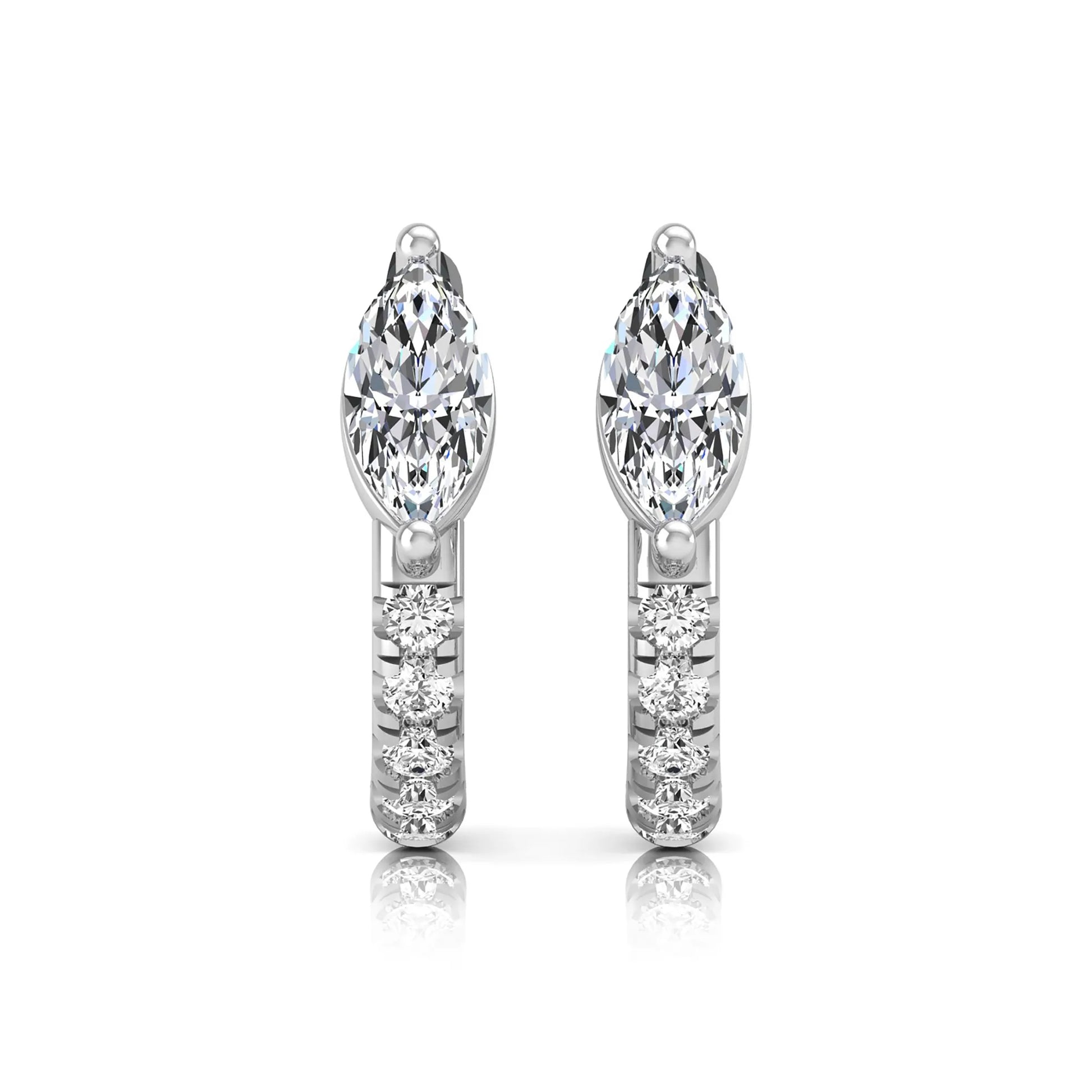 Marquise and round lab grown diamond pavé huggie hoop earrings featuring a vertical two prong marquise center diamond with graduated round pavé diamond accents in white gold.
