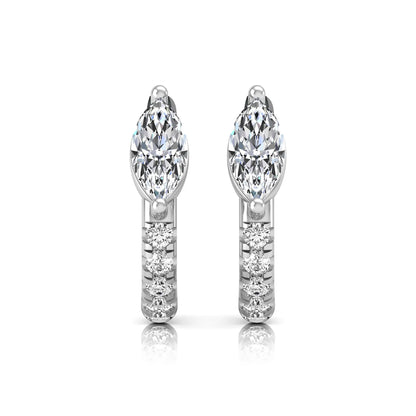 Marquise and round lab grown diamond pavé huggie hoop earrings featuring a vertical two prong marquise center diamond with graduated round pavé diamond accents in white gold.