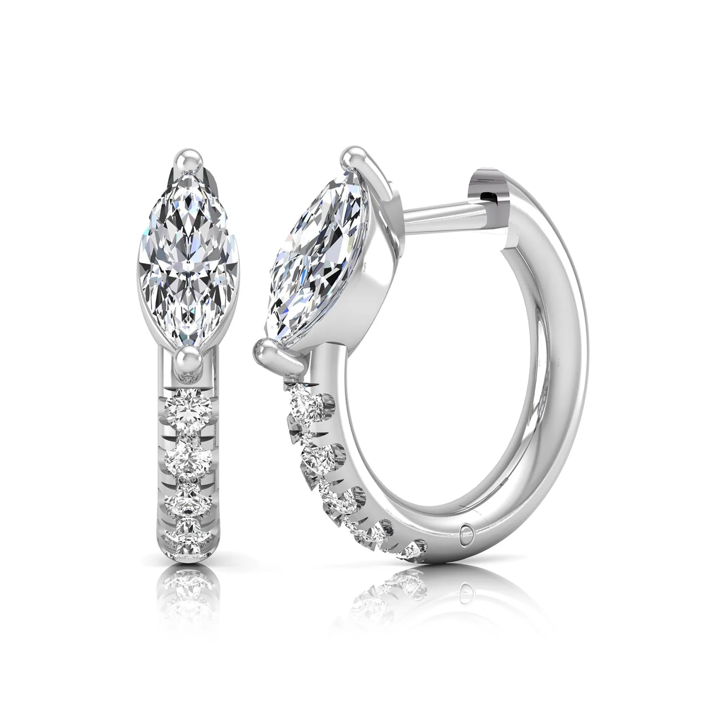 Marquise and round lab grown diamond pavé huggie hoop earrings featuring a vertical two prong marquise center diamond with graduated round pavé diamond accents in white gold.