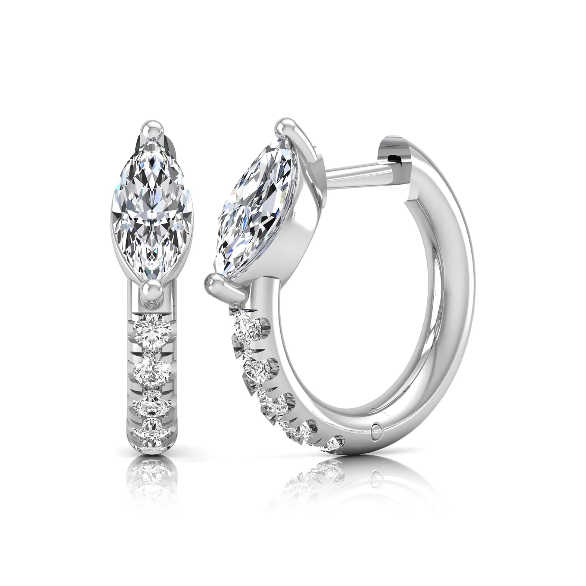 Marquise and round lab grown diamond pavé huggie hoop earrings featuring a vertical two prong marquise center diamond with graduated round pavé diamond accents in white gold.