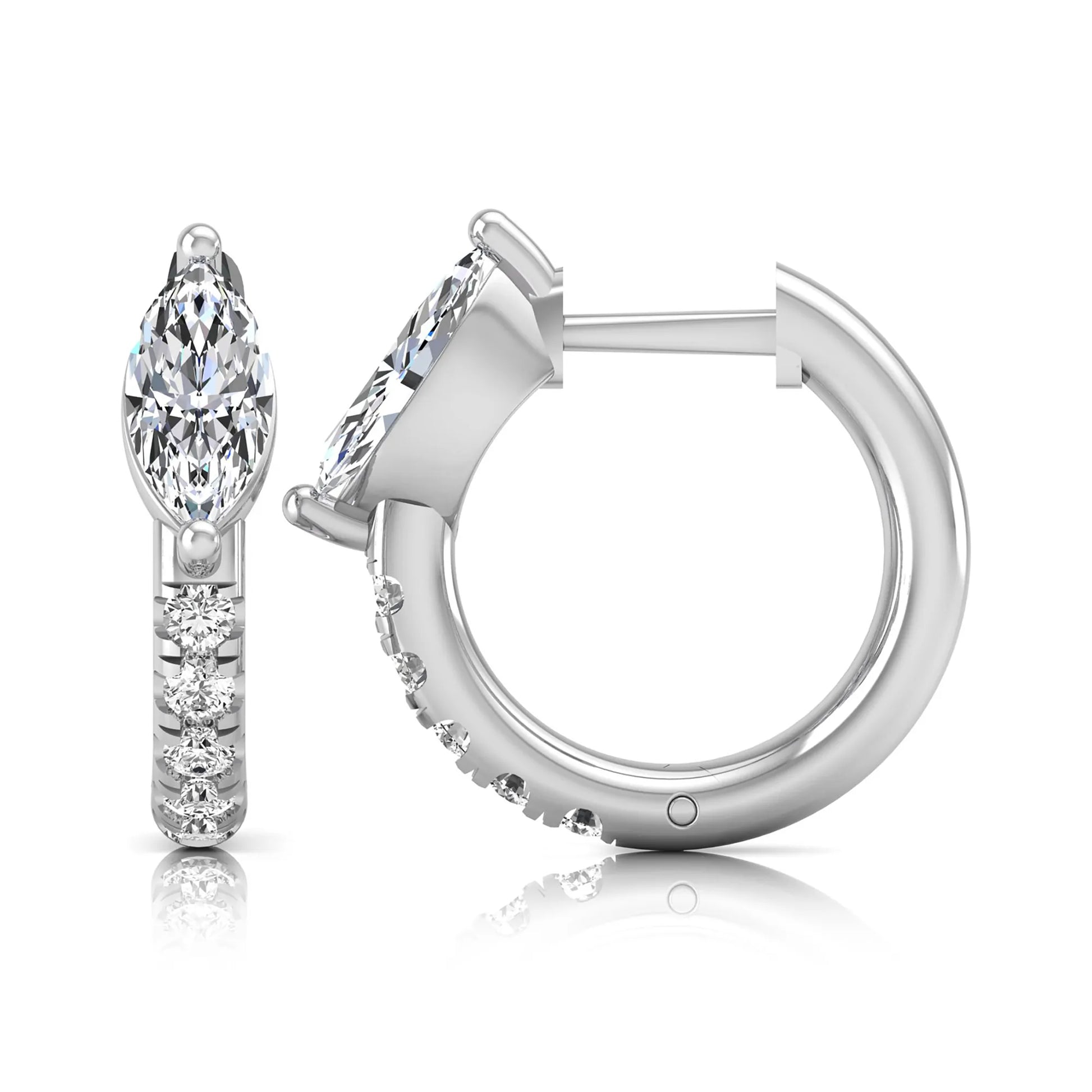 Marquise and round lab grown diamond pavé huggie hoop earrings featuring a vertical two prong marquise center diamond with graduated round pavé diamond accents in white gold.
