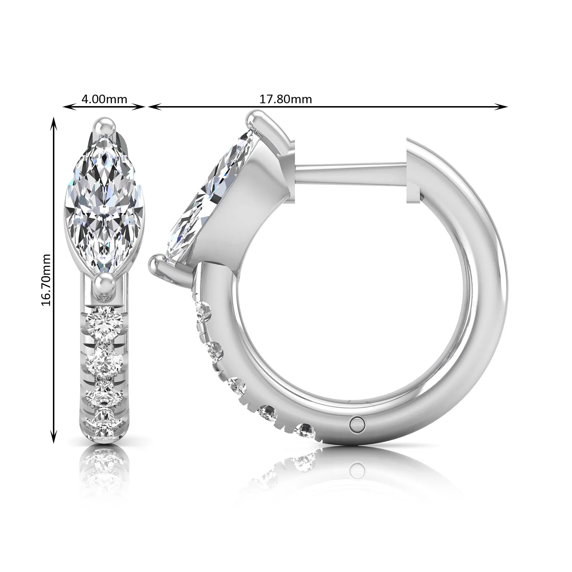 Marquise and round lab grown diamond pavé huggie hoop earrings featuring a vertical two prong marquise center diamond with graduated round pavé diamond accents in white gold.