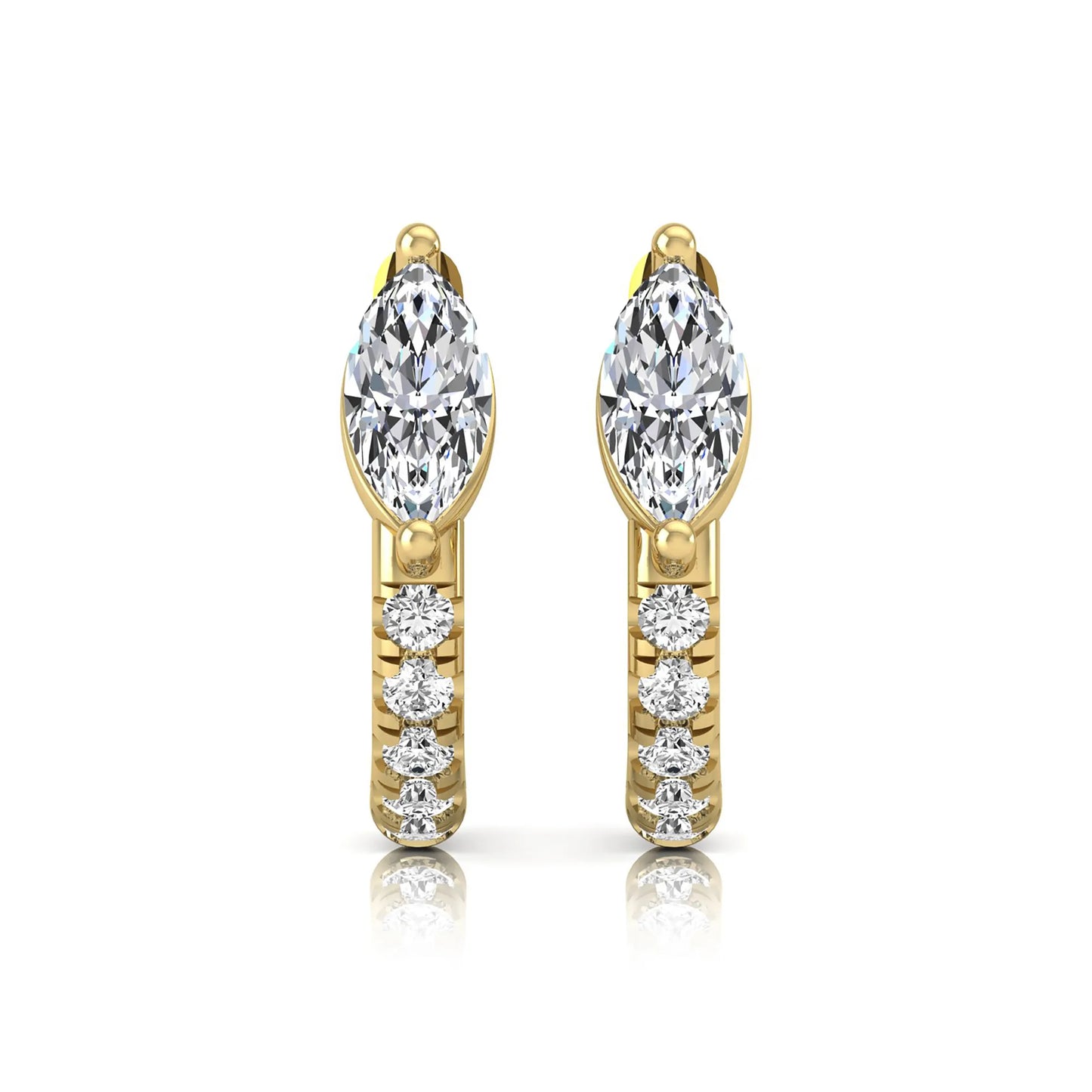 Marquise and round lab grown diamond pavé huggie hoop earrings featuring a vertical two prong marquise center diamond with graduated round pavé diamond accents in yellow gold.