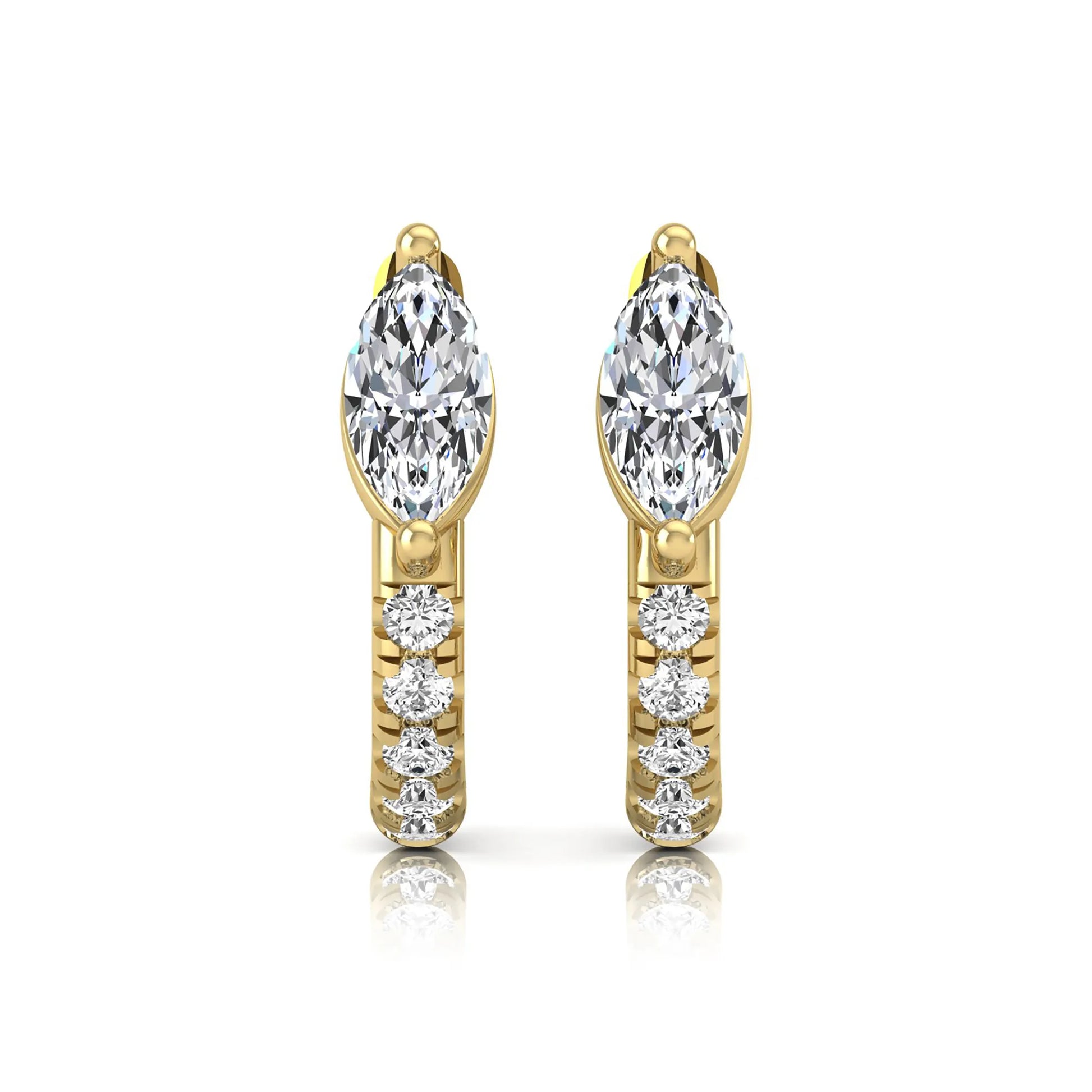Marquise and round lab grown diamond pavé huggie hoop earrings featuring a vertical two prong marquise center diamond with graduated round pavé diamond accents in yellow gold.