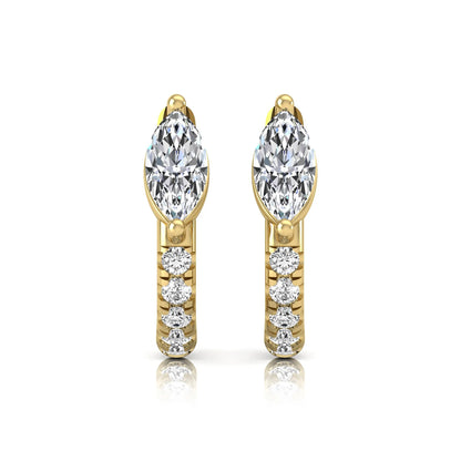 Marquise and round lab grown diamond pavé huggie hoop earrings featuring a vertical two prong marquise center diamond with graduated round pavé diamond accents in yellow gold.
