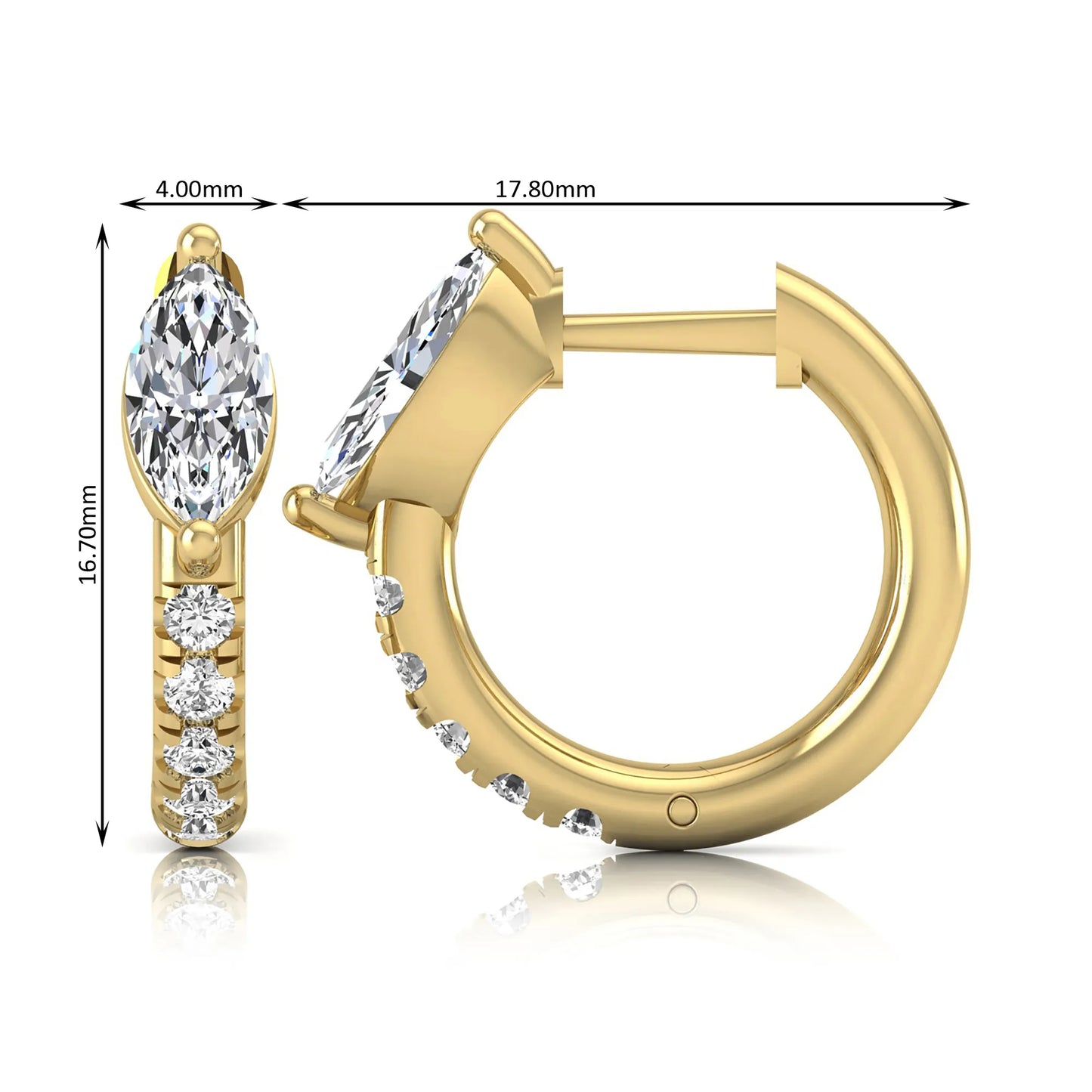 Marquise and round lab grown diamond pavé huggie hoop earrings featuring a vertical two prong marquise center diamond with graduated round pavé diamond accents in yellow gold.