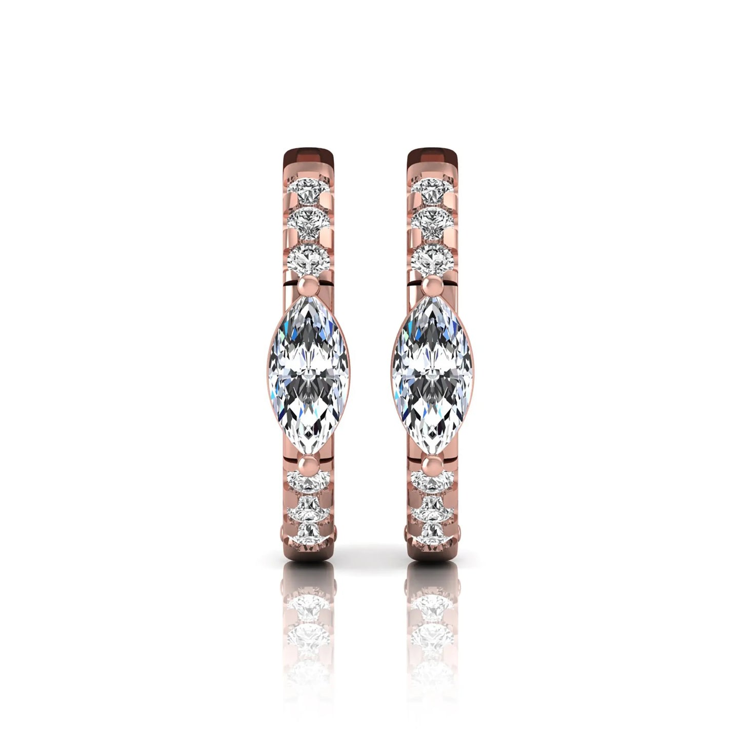 Marquise and round lab grown diamond pavé huggie hoop earrings featuring a vertical four prong marquise center diamond with graduated round pavé diamonds in rose gold.