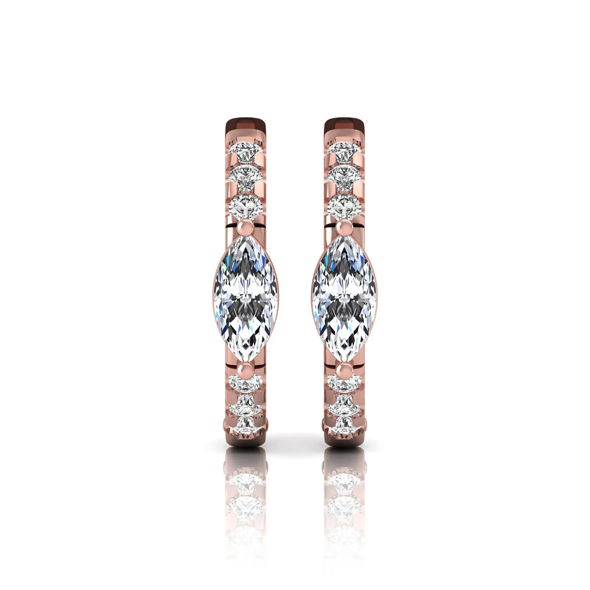 Marquise and round lab grown diamond pavé huggie hoop earrings featuring a vertical four prong marquise center diamond with graduated round pavé diamonds in rose gold.