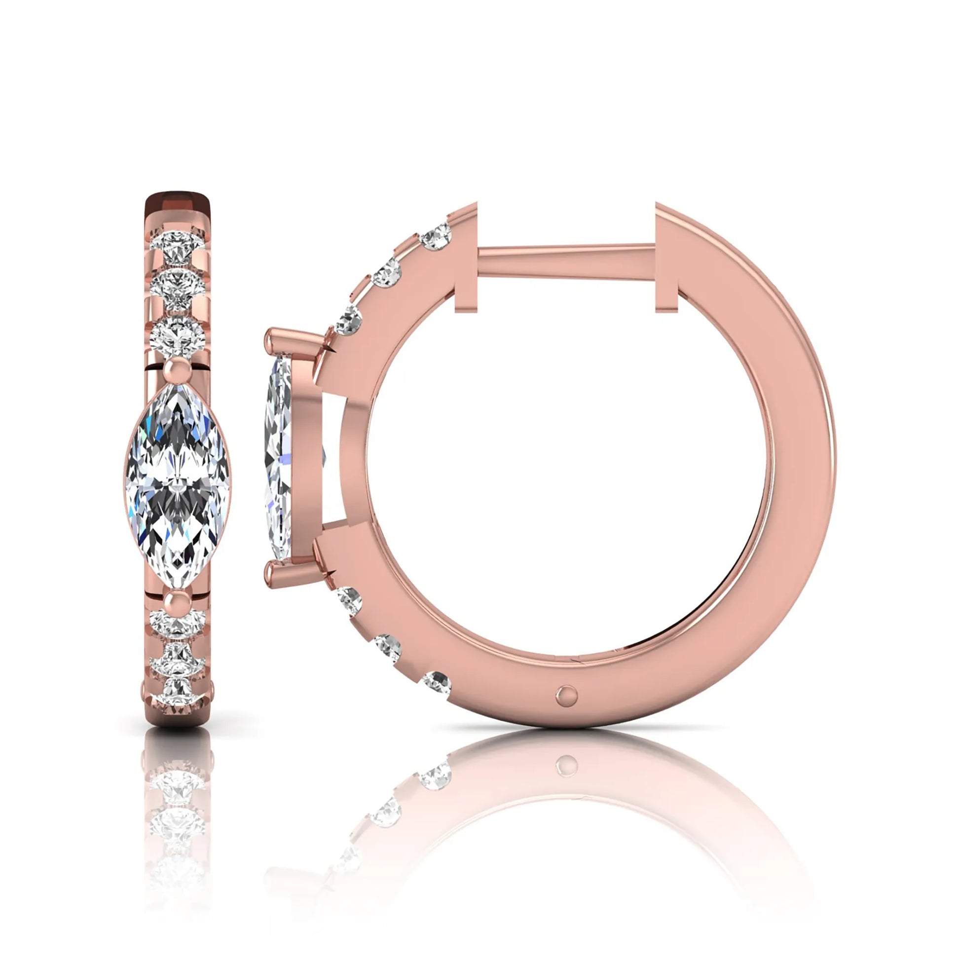 Marquise and round lab grown diamond pavé huggie hoop earrings featuring a vertical four prong marquise center diamond with graduated round pavé diamonds in rose gold.