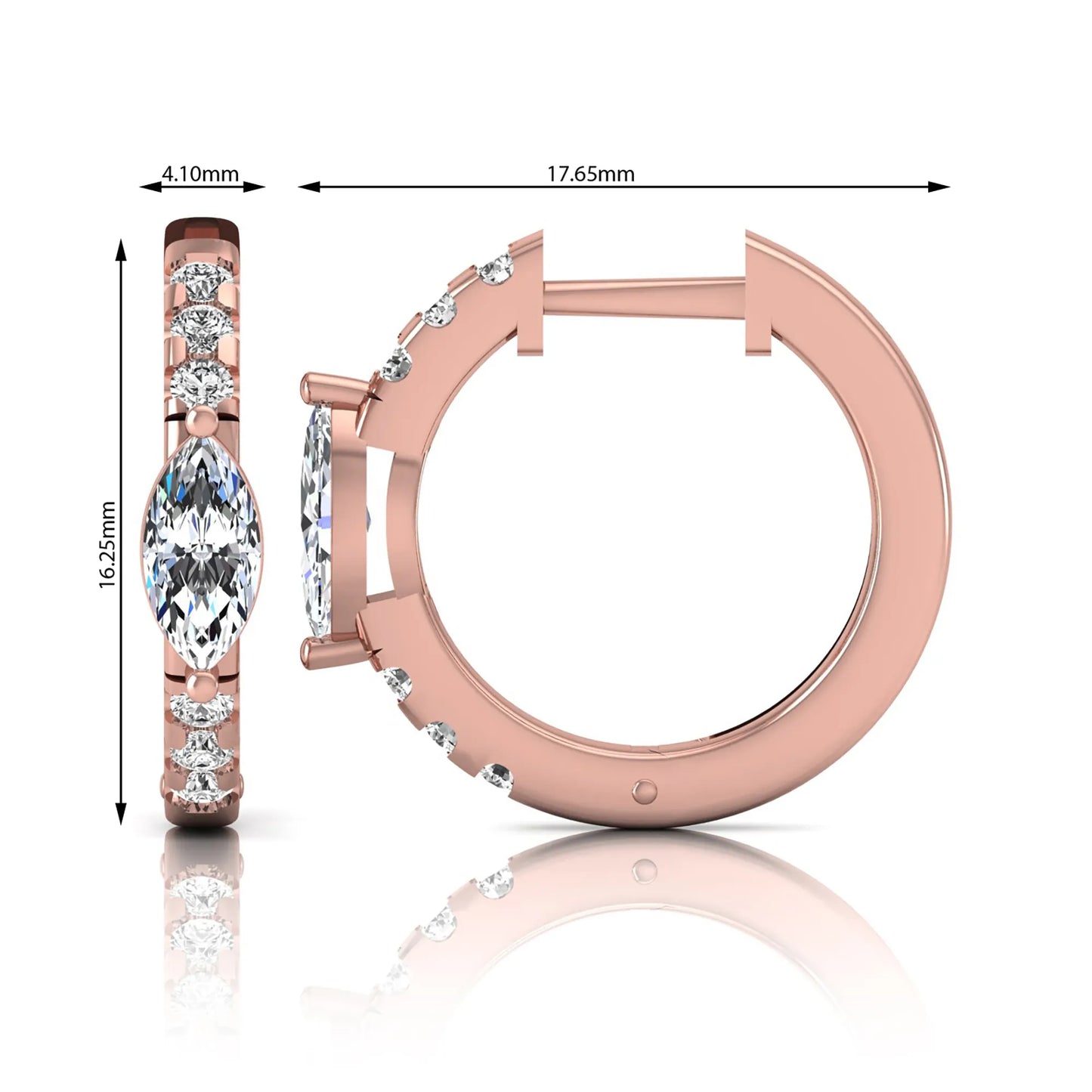 Marquise and round lab grown diamond pavé huggie hoop earrings featuring a vertical four prong marquise center diamond with graduated round pavé diamonds in rose gold.