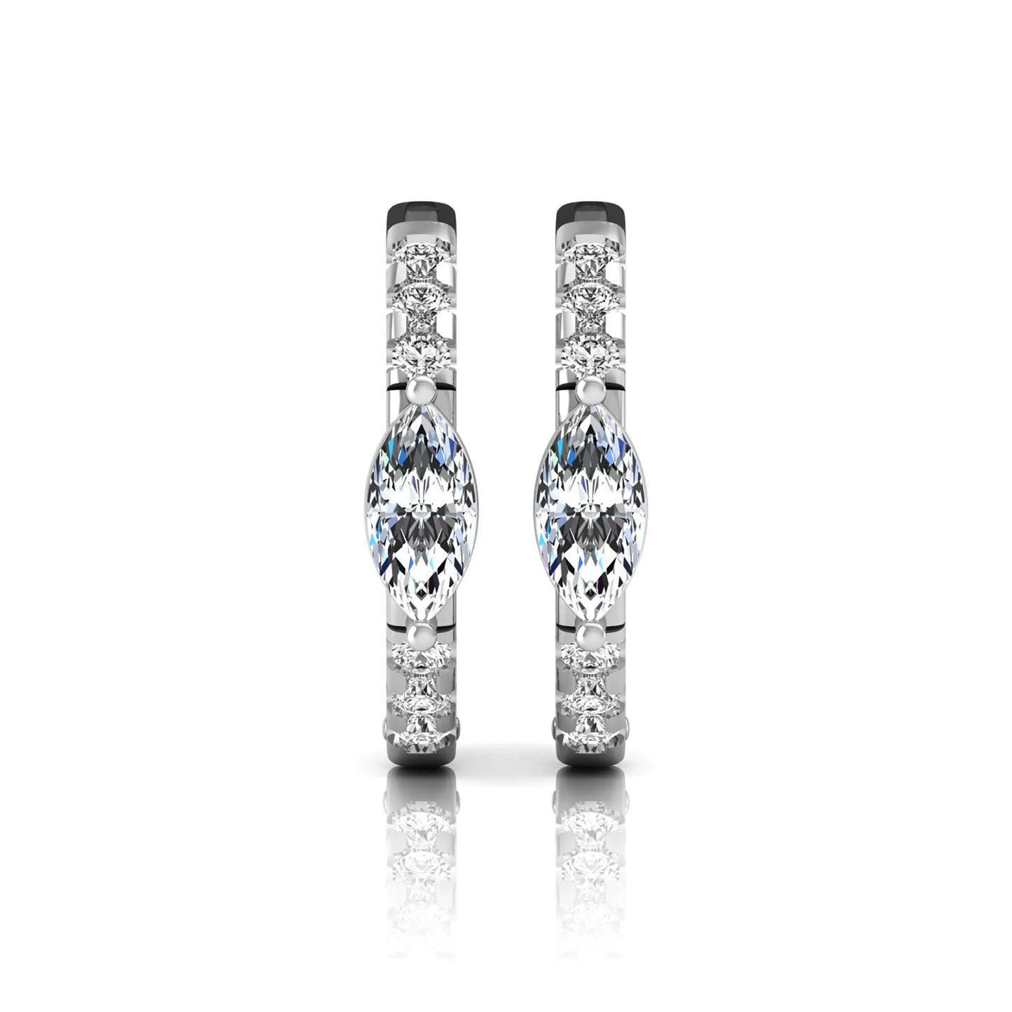 Marquise and round lab grown diamond pavé huggie hoop earrings featuring a vertical four prong marquise center diamond with graduated round pavé diamonds in white gold.