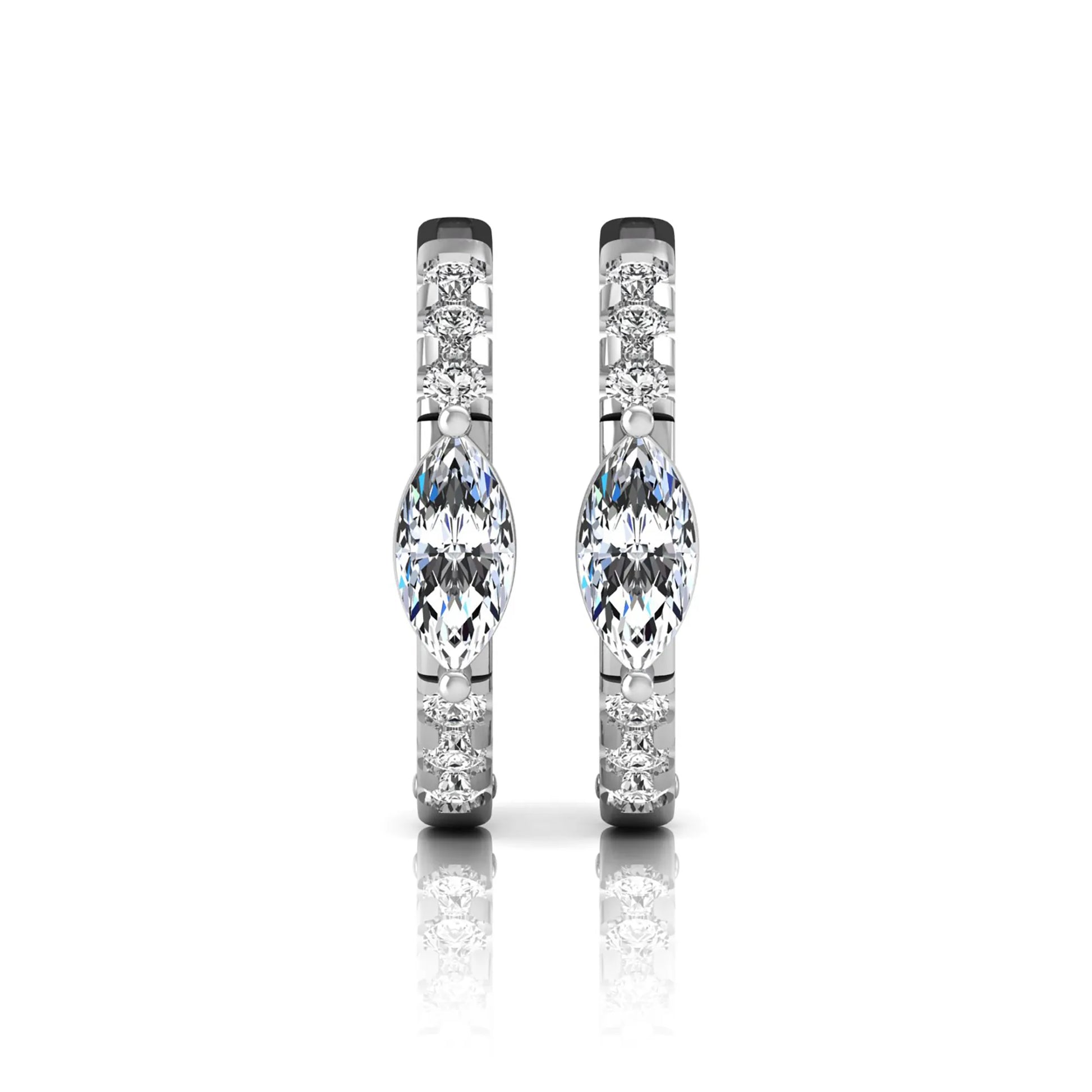 Marquise and round lab grown diamond pavé huggie hoop earrings featuring a vertical four prong marquise center diamond with graduated round pavé diamonds in white gold.