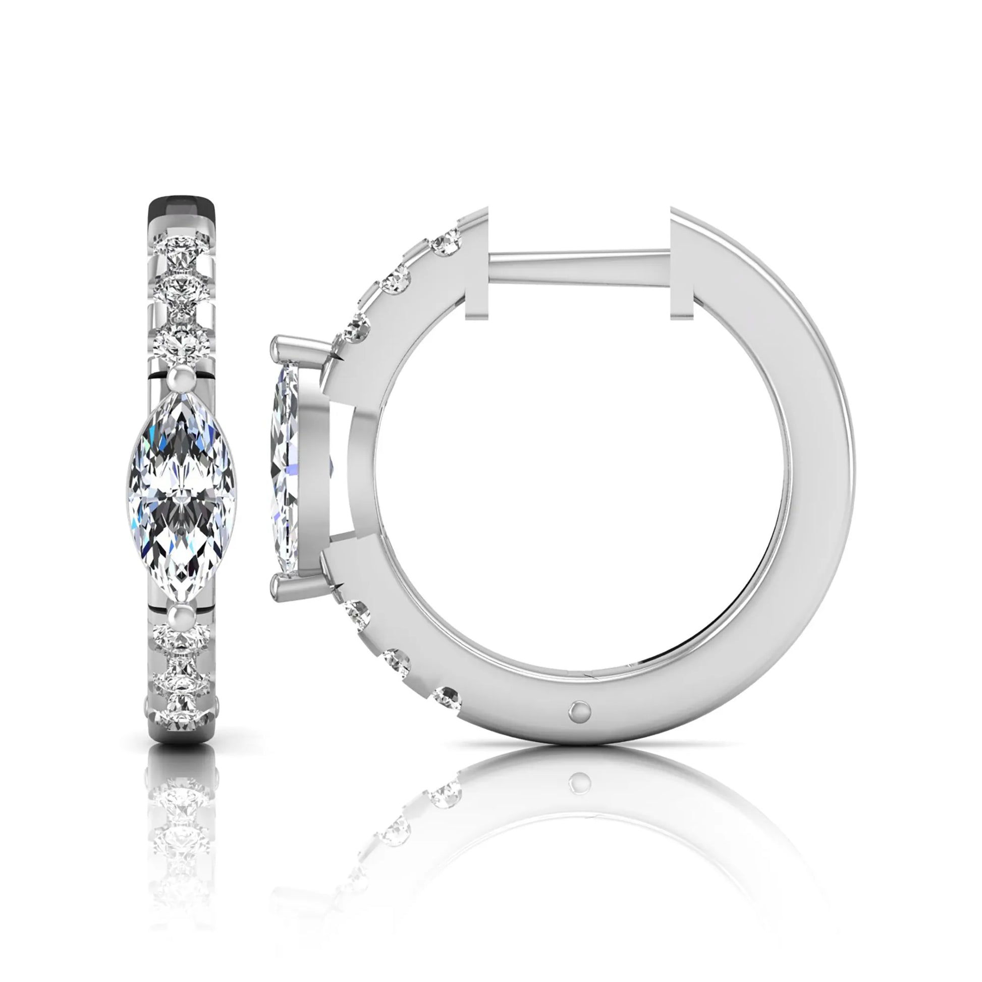 Marquise and round lab grown diamond pavé huggie hoop earrings featuring a vertical four prong marquise center diamond with graduated round pavé diamonds in white gold.