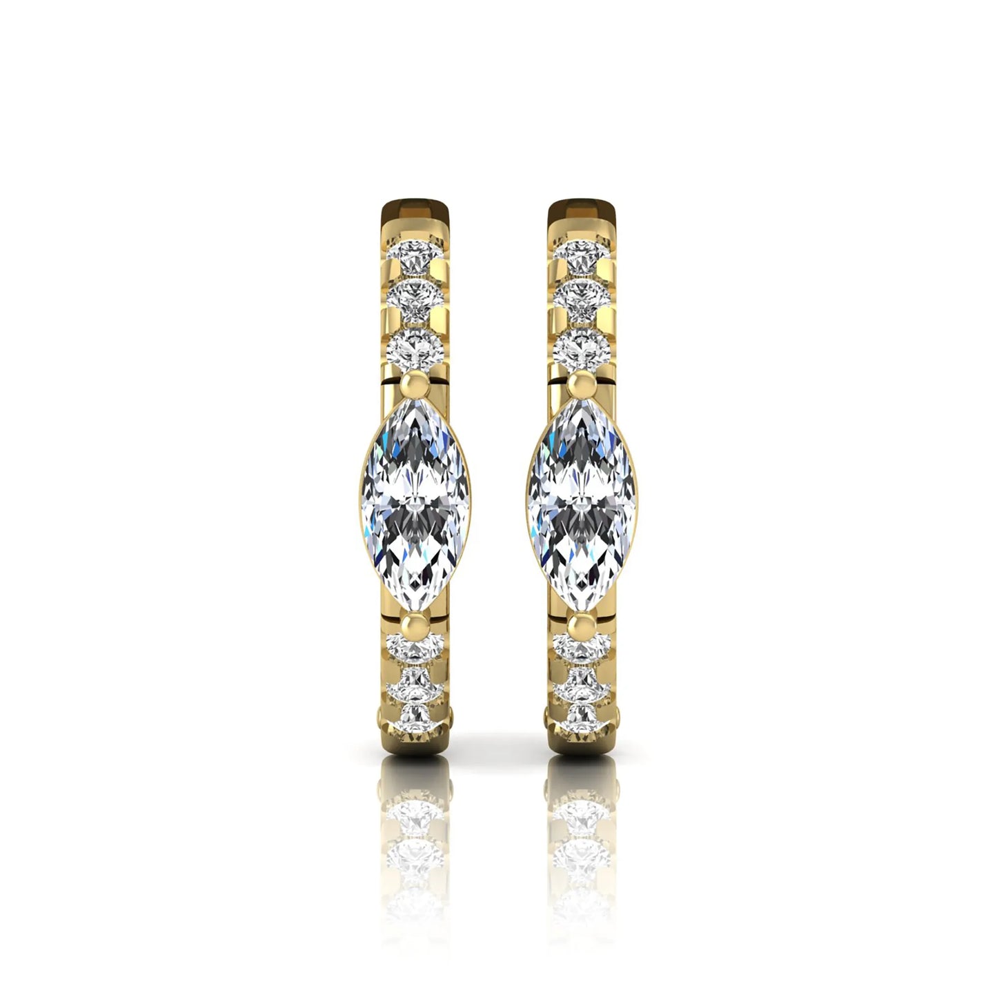 Marquise and round lab grown diamond pavé huggie hoop earrings featuring a vertical four prong marquise center diamond with graduated round pavé diamonds in yellow gold.